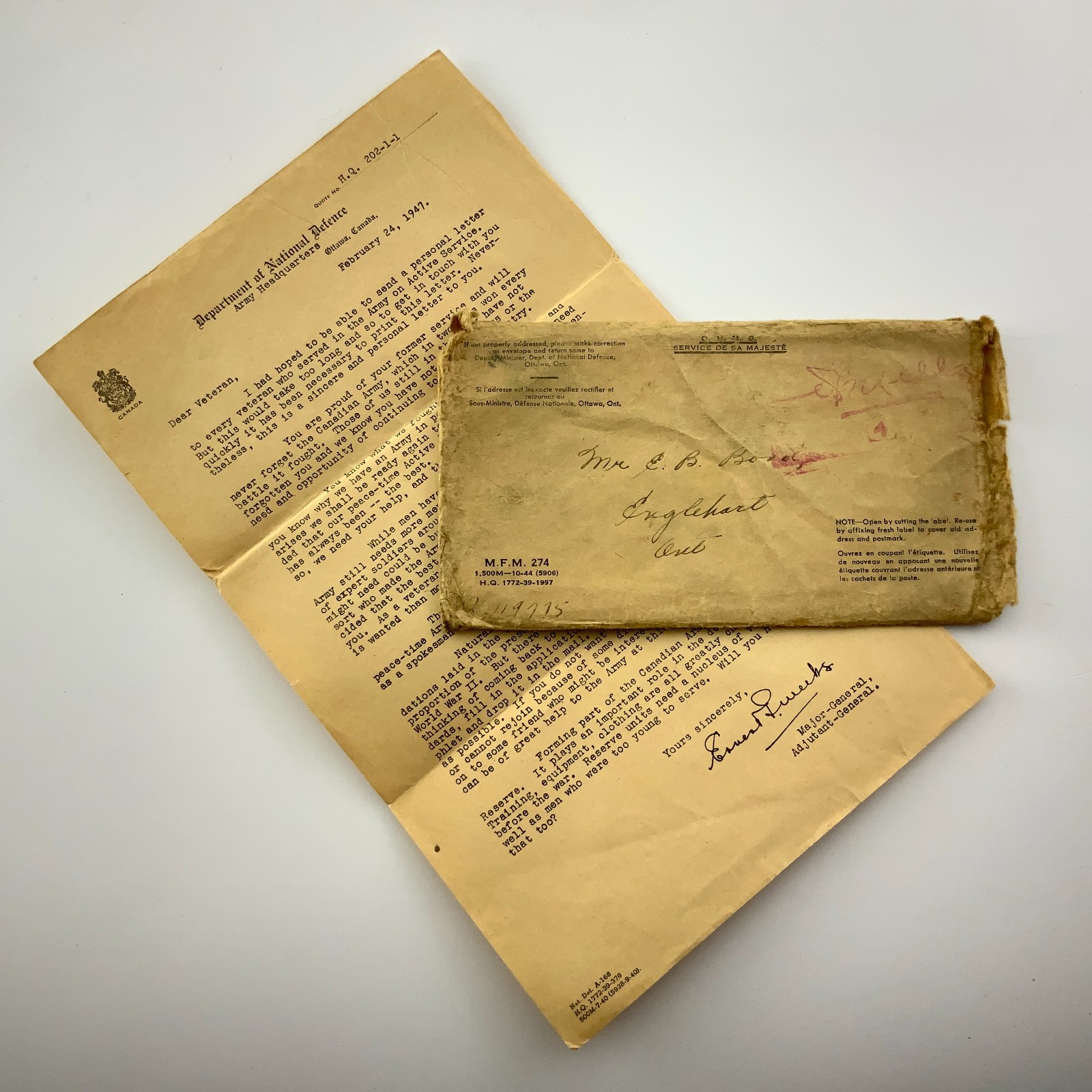 Department of National Defense Canada WWII 1947 Letter to Veteran JJ438