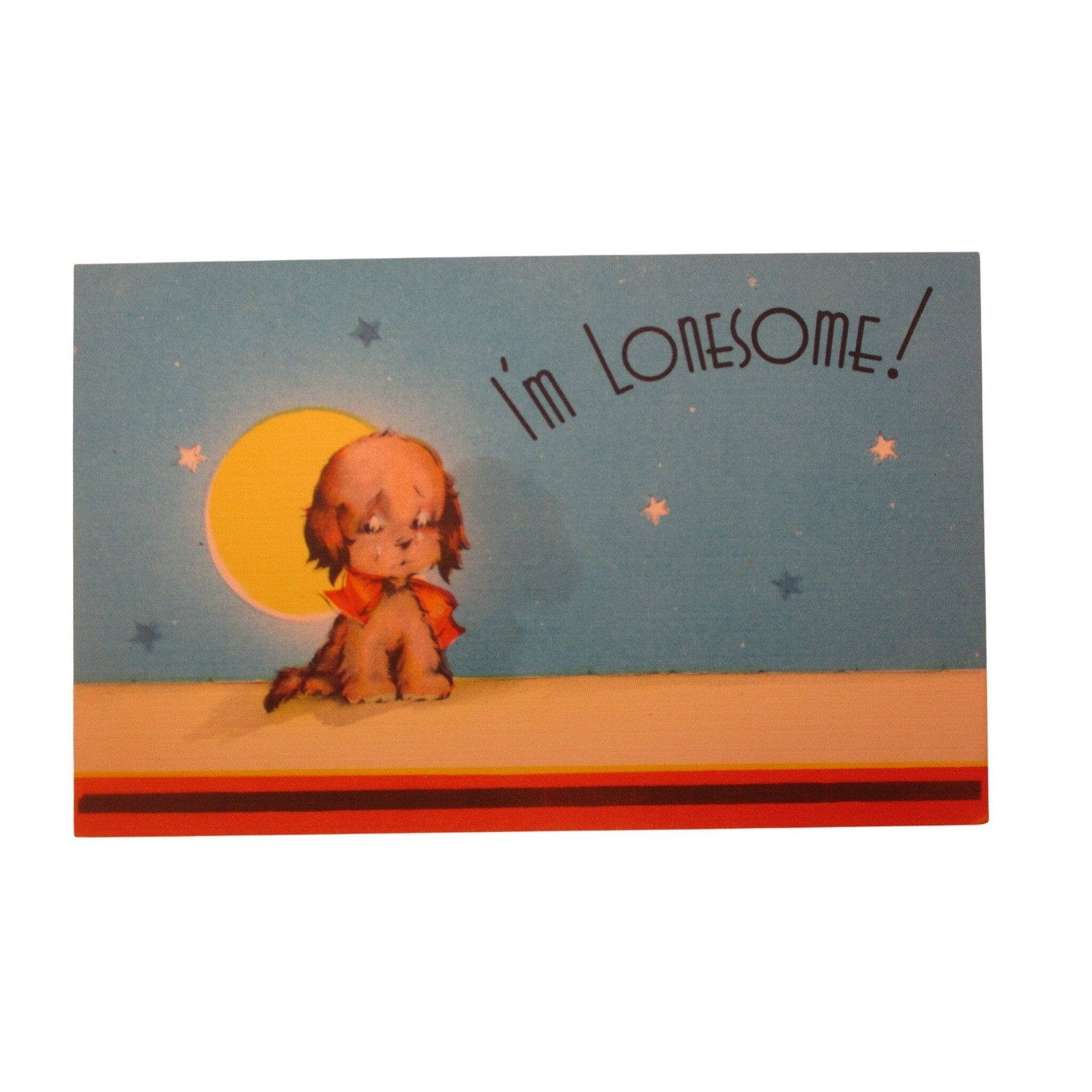 Vintage I'm Lonesome Sad Puppy Dog Moon Stars Postcard Asheville Post Card Co C5