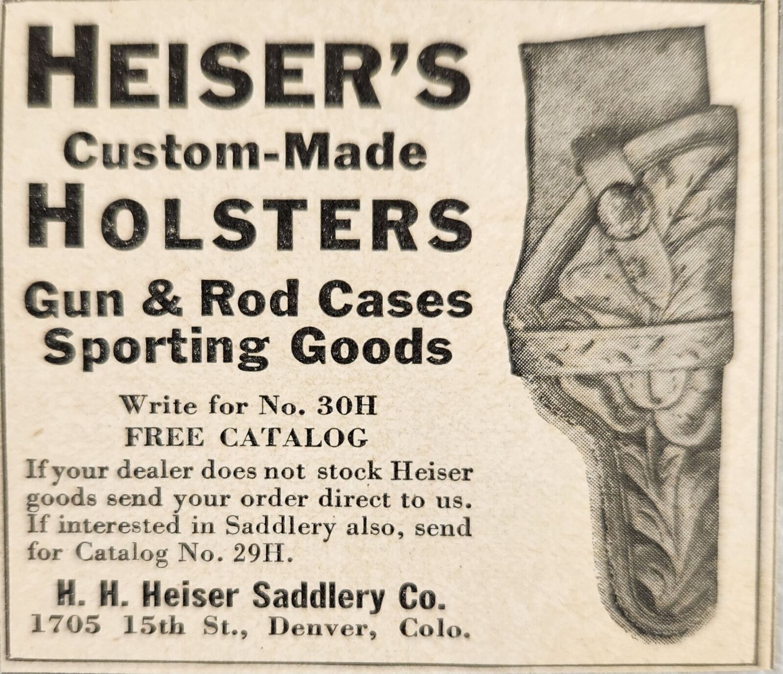 1937 Print Ad Heiser\'s Custom Made Gun Holsters Made in Denver,Colorado