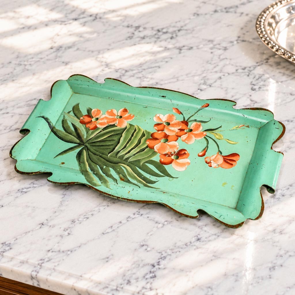 Vintage Hand Painted Floral Metal Tray Mint Green Scalloped Serving Tray Vintage Hand Painted Floral Metal Tray Mint Green Scalloped Serving Tray