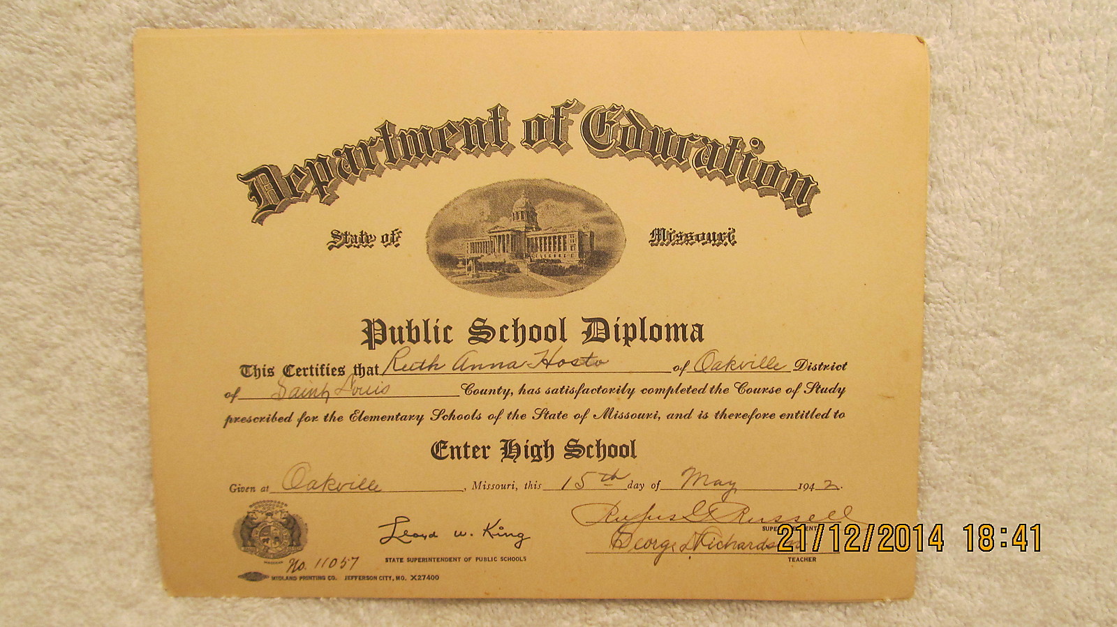 1942 Public School Diploma Oakville District St. Louis MO County Ruth Anna Hosto