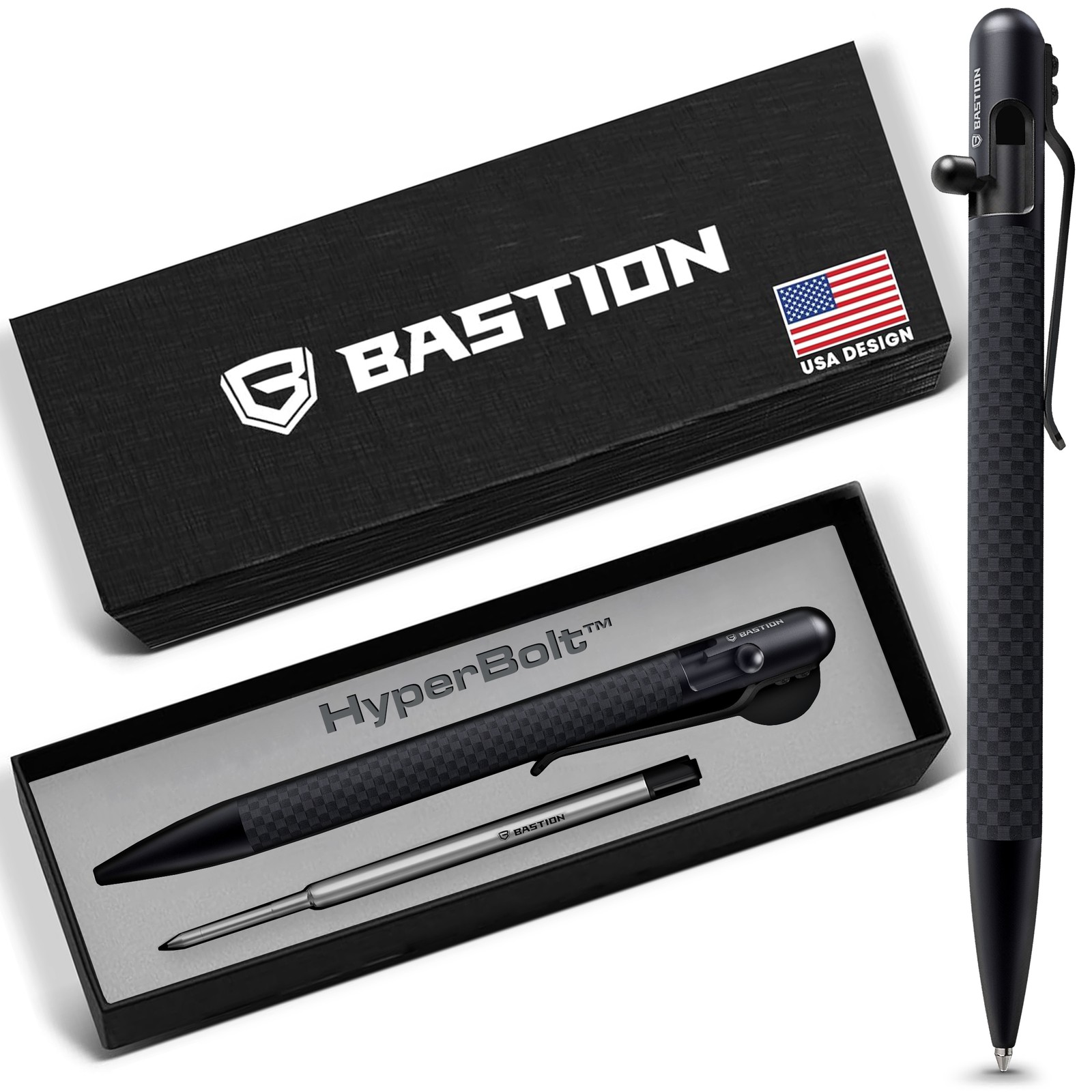 BASTION Slim Carbon Fiber Black Bolt Action Ink Pen | EDC Pocket Mens Gift
