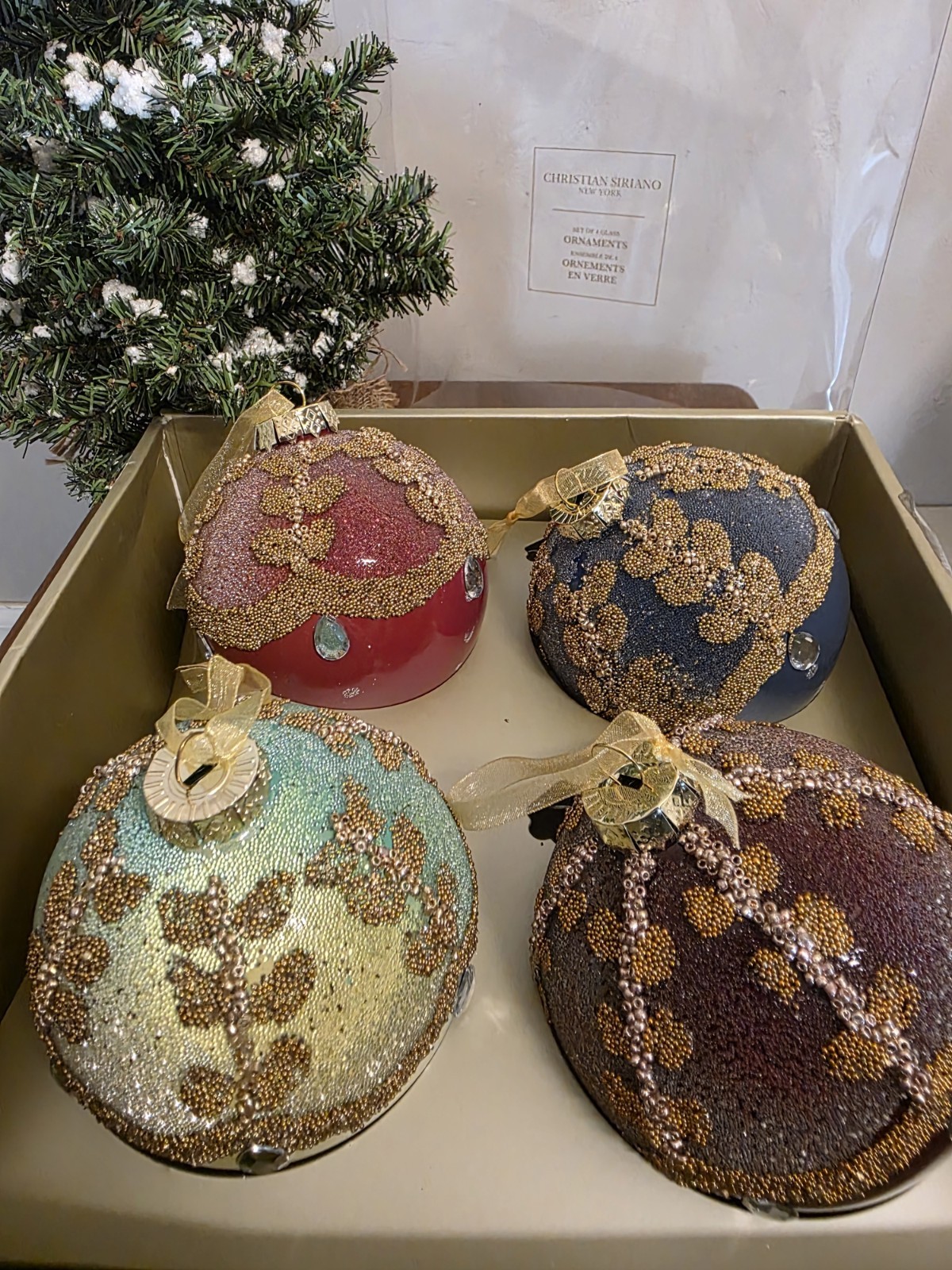 Christian Siriano New York 4 Glass Christmas Ornaments Jewel Tone Rhinestone 3½\