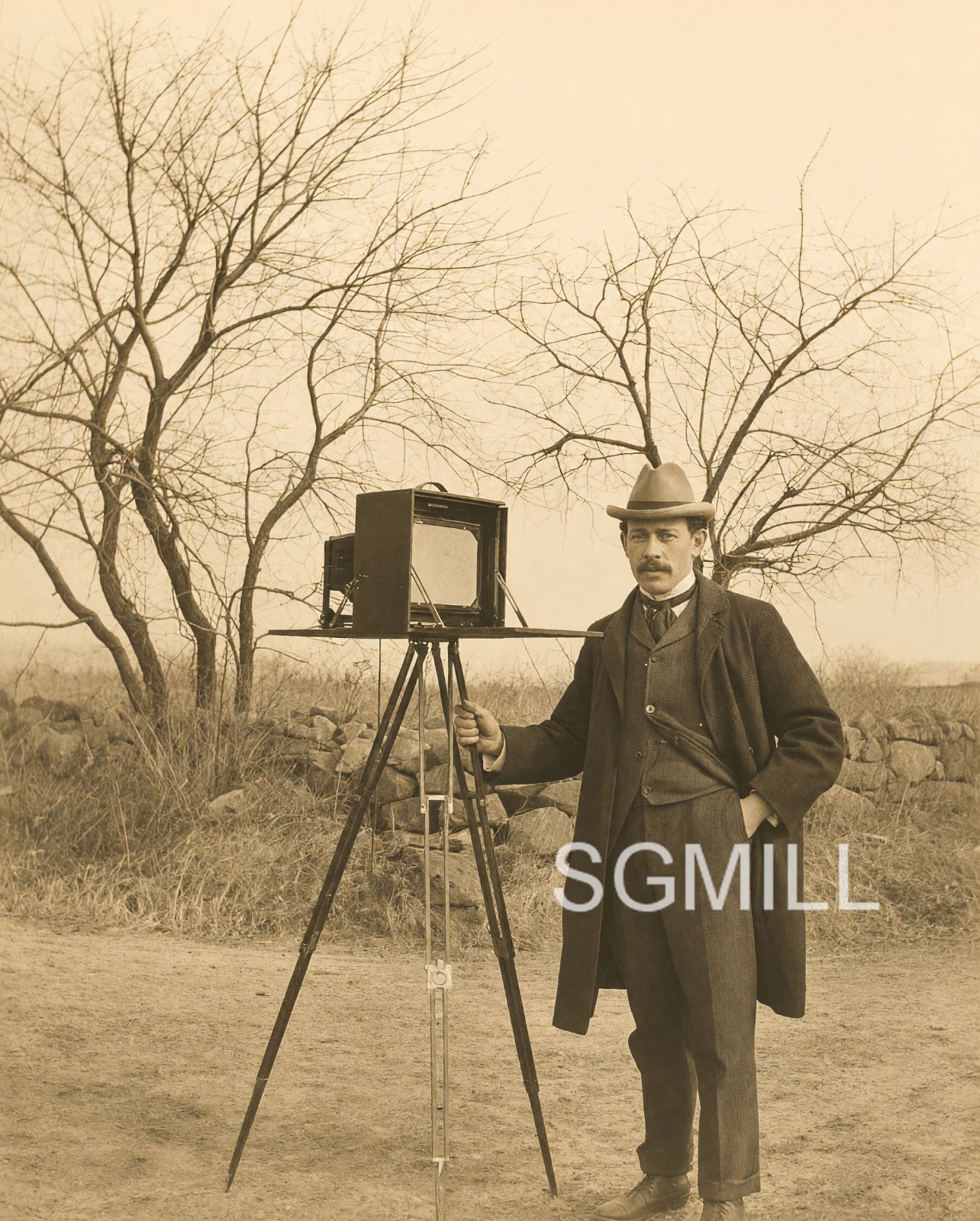 Antique  Large Format Tripod Camera Photographer Sepia Photo Art Print