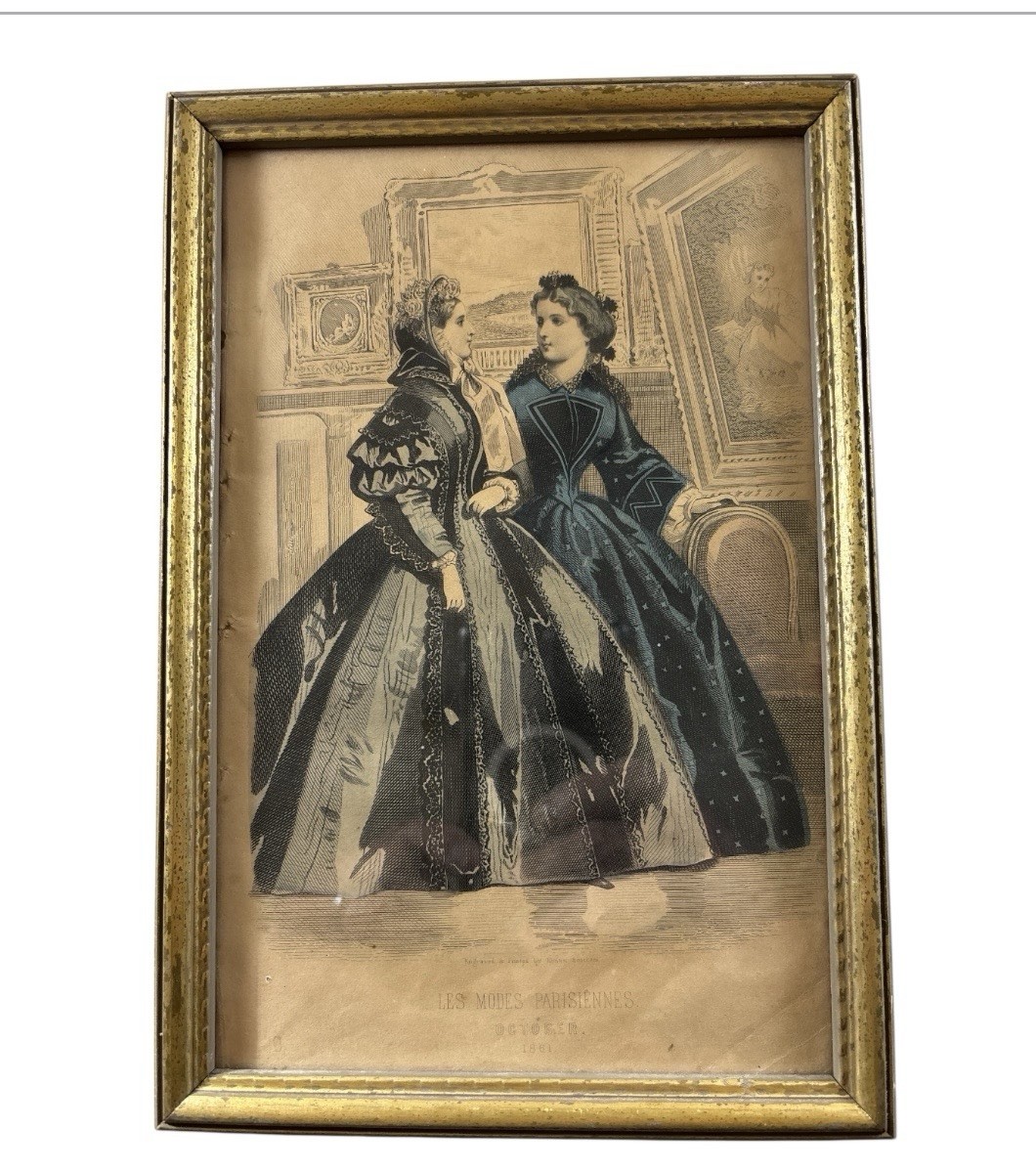 Antique 1861 French Fashion Plate Les Modes Parisiennes Framed Print