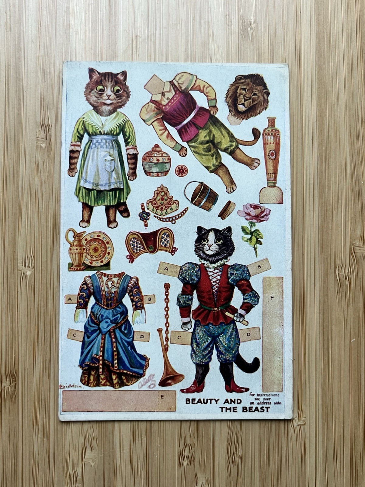 Raphael Tuck & Sons - paper-doll postcard By Louis Wain - Beauty and the Beast