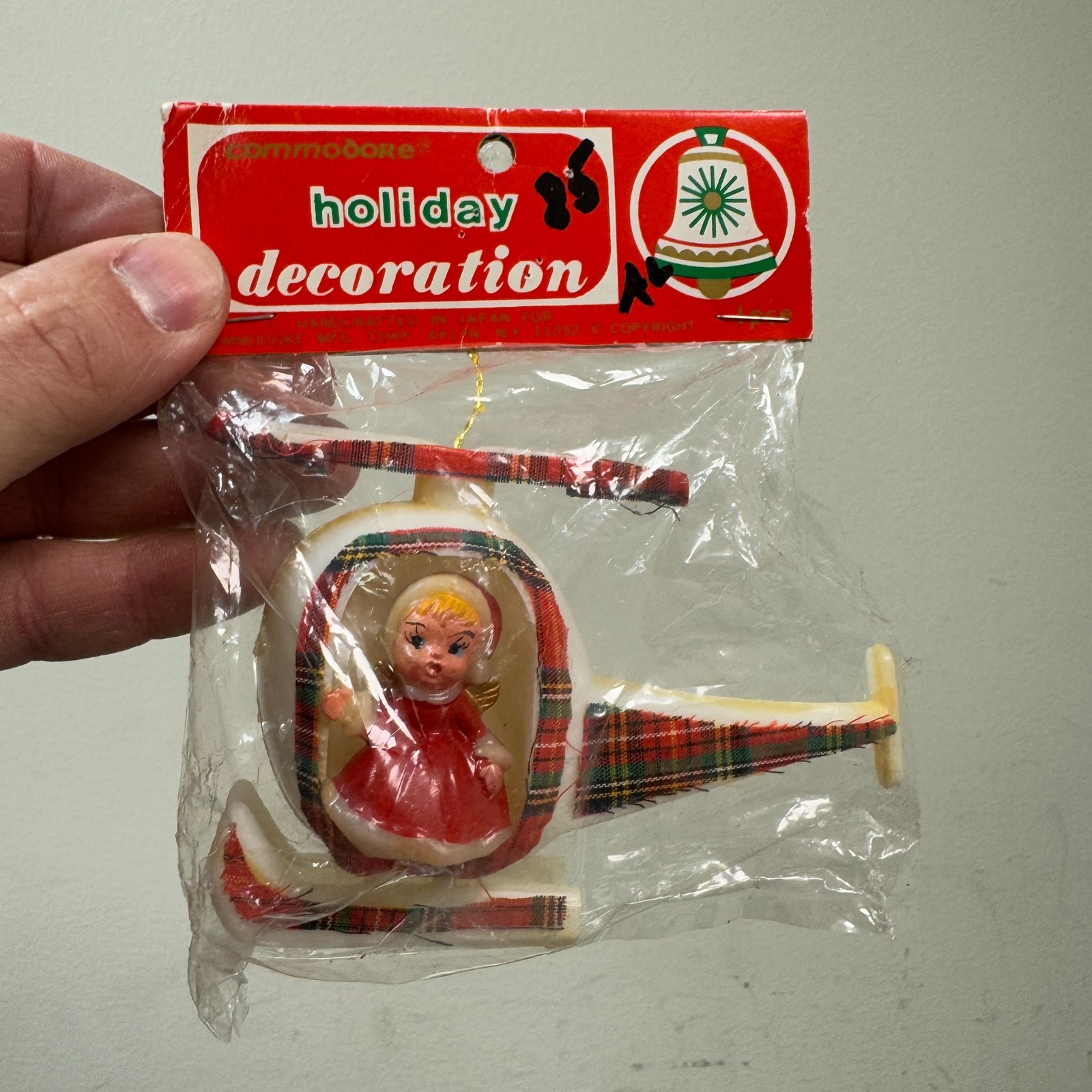 Vtg c.1970s COMMODORE Girl w/ Helicopter Plastic Christmas Ornament w/ Packaging