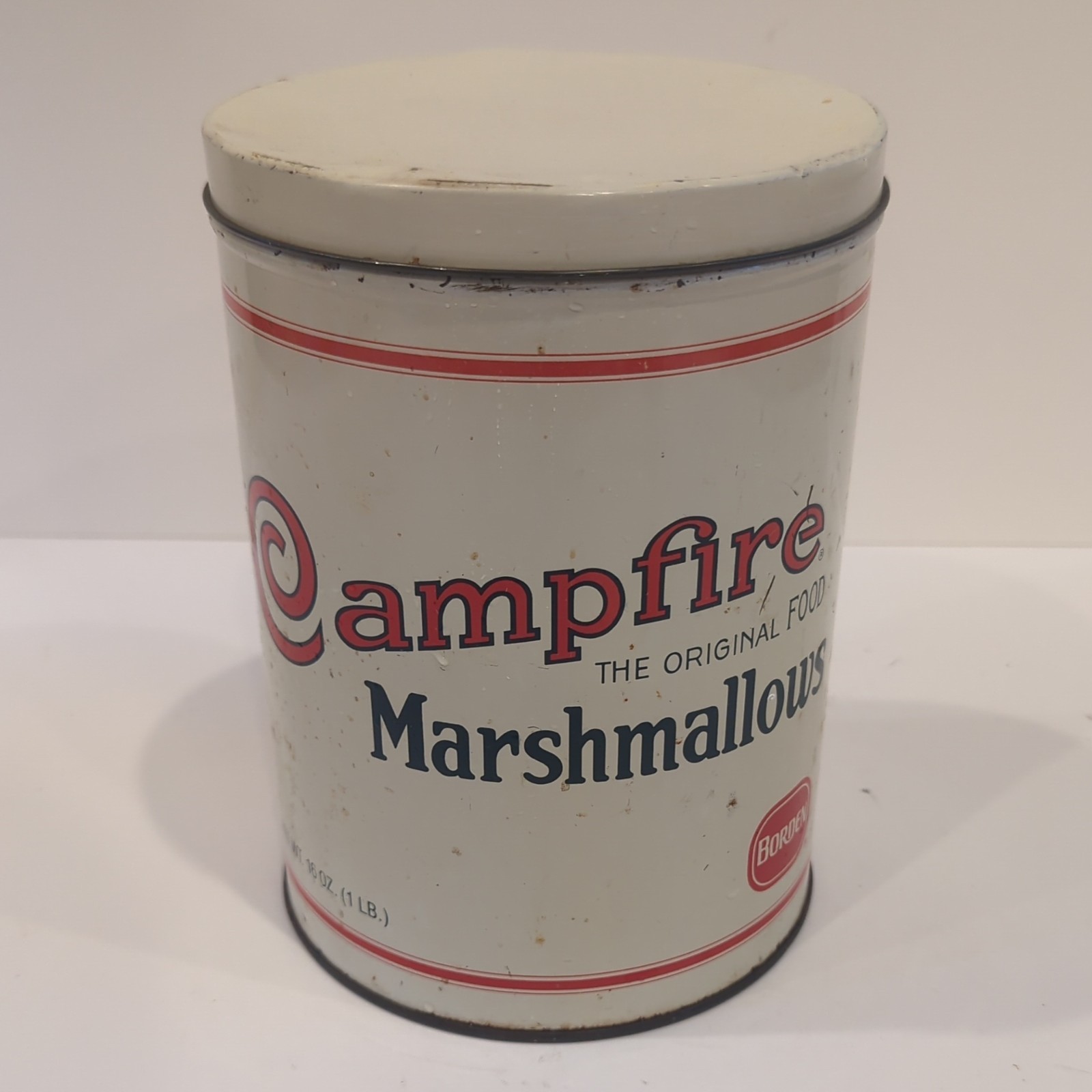 Campfire Marshmallows 16 oz Replica 1920s Advertising Tin, Cream/Red/Blue