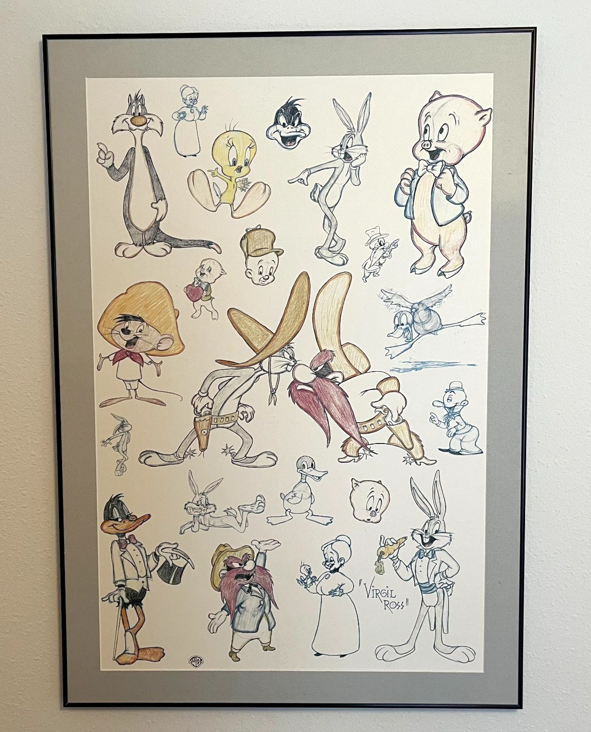 Vtg 90s Virgil Ross Bugs & Friends Framed Art Print Looney Tunes Warner Bros COA