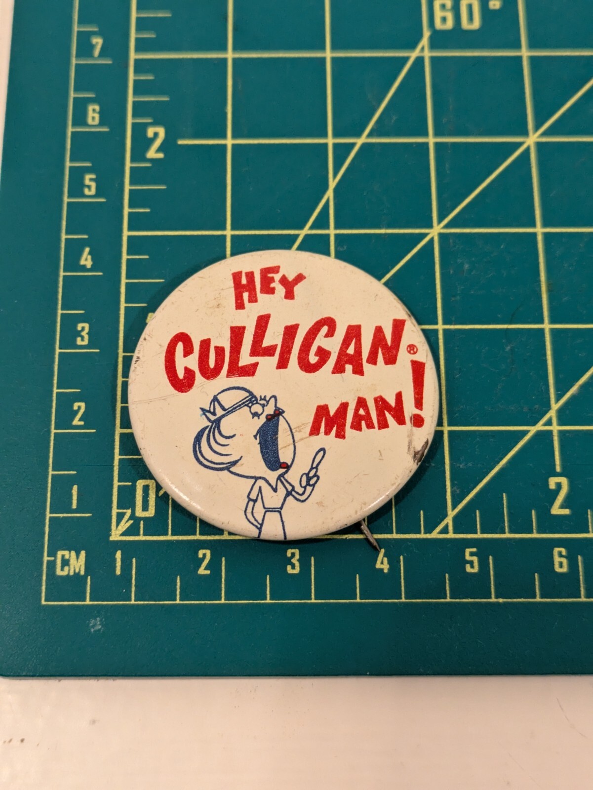 Vintage Hey Culligan Man Pin Button Logo