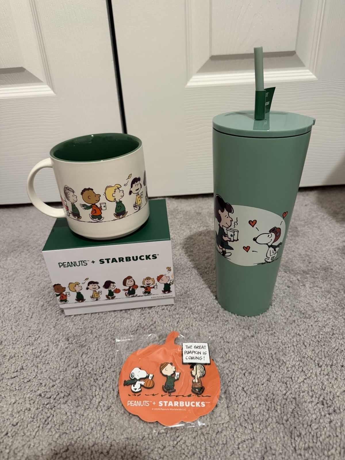 Peanuts Starbucks Collection, 3 Piece Set. 1. Mug 2. Stainless St Tumblr 3. Pins