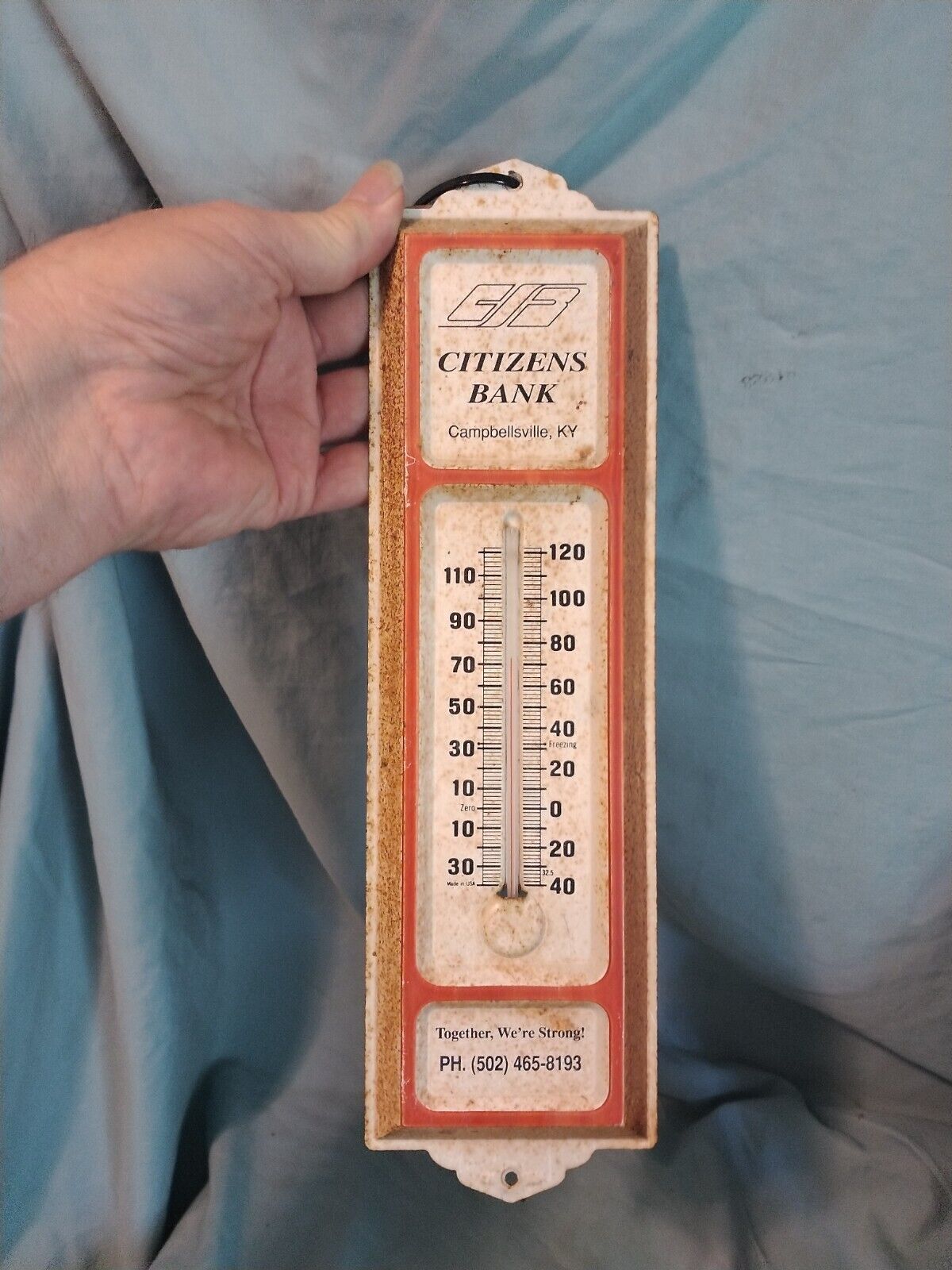 VINTAGE METAL THERMOMETER 13 IN CITIZENS BANK CAMPBELLSVILLE TAYLOR COUNTY KY.