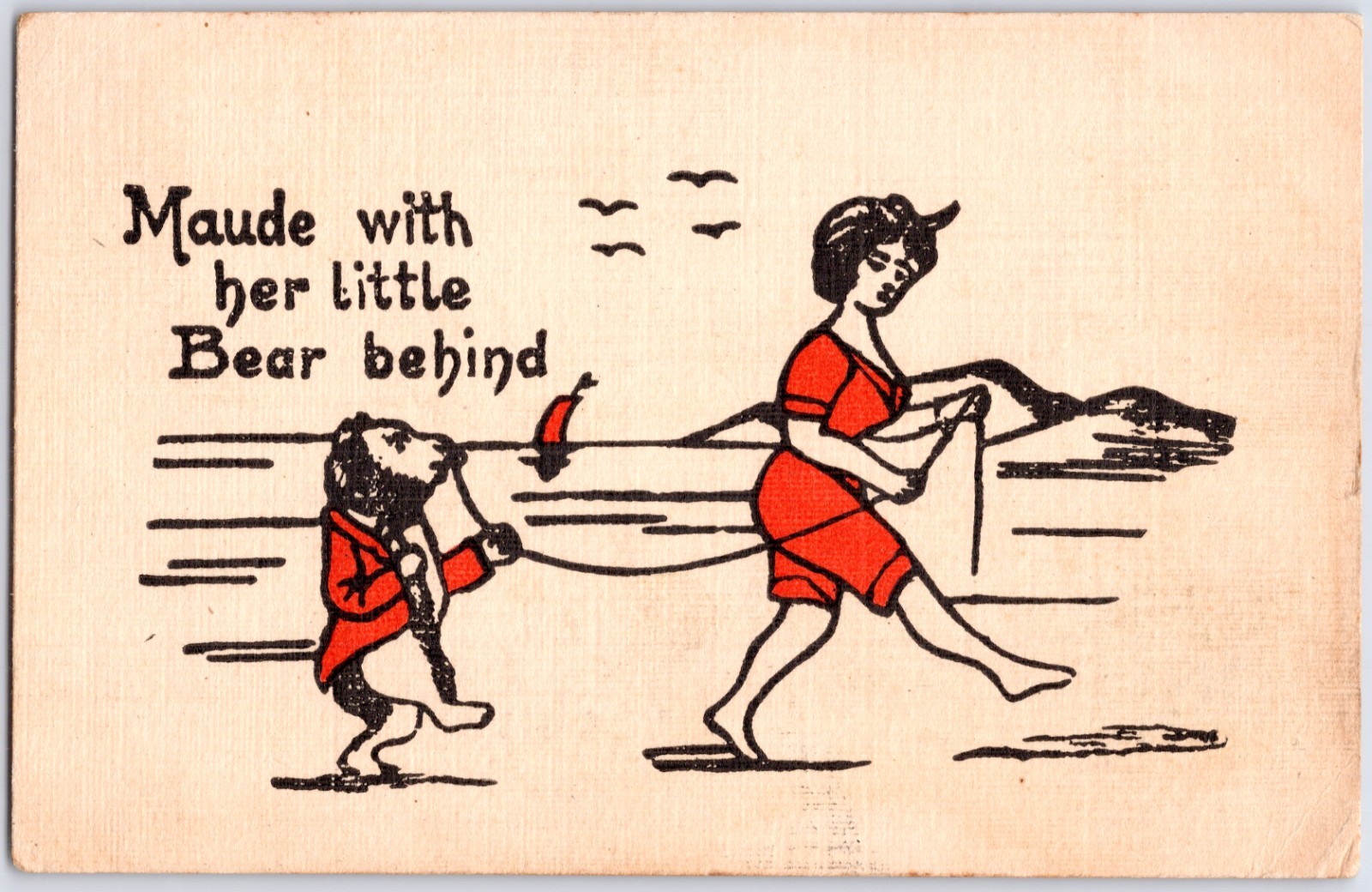 VINTAGE MAUDE WITH HER LITTLE BEAR BEHIND BEACH PUN 1907 COMIC POSTCARD PK