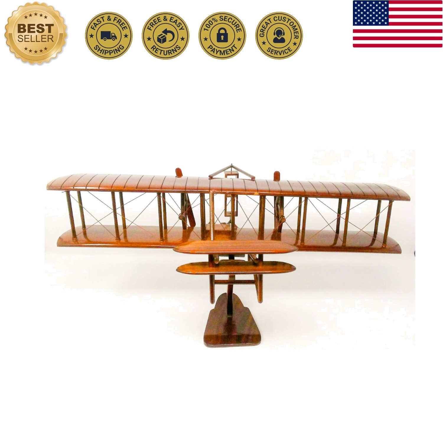 High-Gloss Wright Flyer Airplane Wood Model - Perfect for Aviation Aficionados