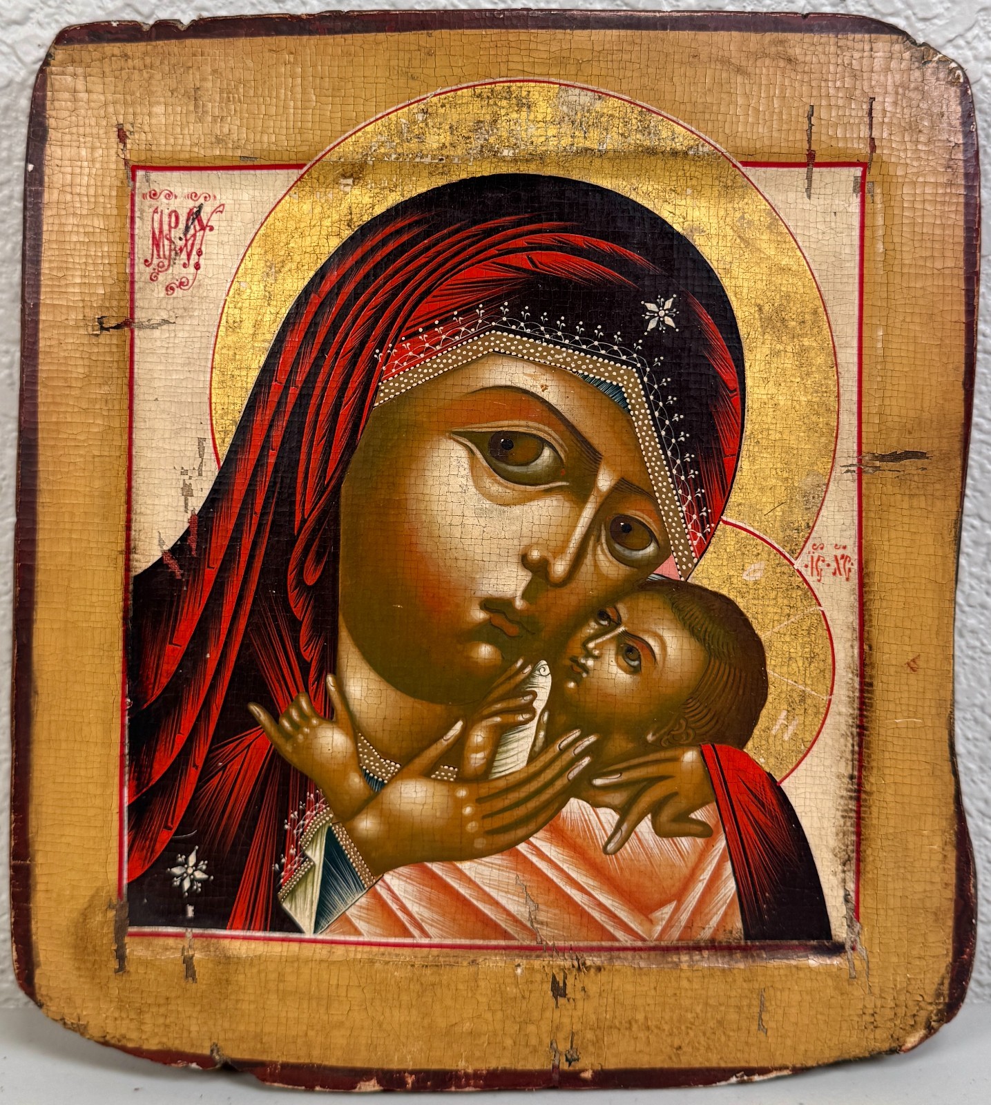 Antique Russian Orthodox Painted Wood Icon Virgin Mother of God Korsun 18th C.