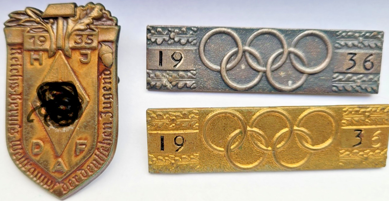 3pc Vintage 1935-1936 Historical Pin Lot - Berlin Olympics Gold/Silver Set & HJ 