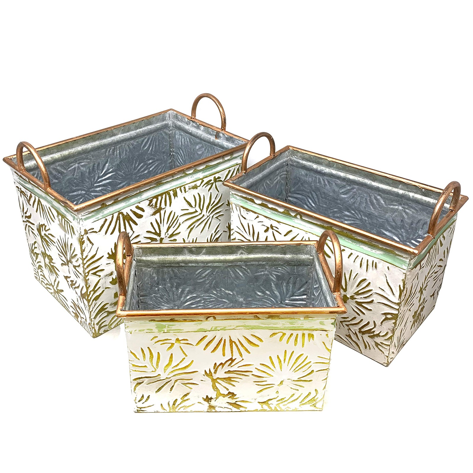 Allgala 3-Piece Galvanized Planter Pots with Handles, Gold Leaf, Indoor/Outdoor Allgala 3-Piece Galvanized Planter Pots with Handles, Gold Leaf, Indoor/Outdoor