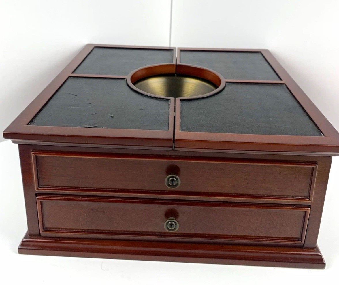 VTG Bombay Company Men Jewel Valet Box Wood Black Velvet Brass keydish 2 Drawer 
