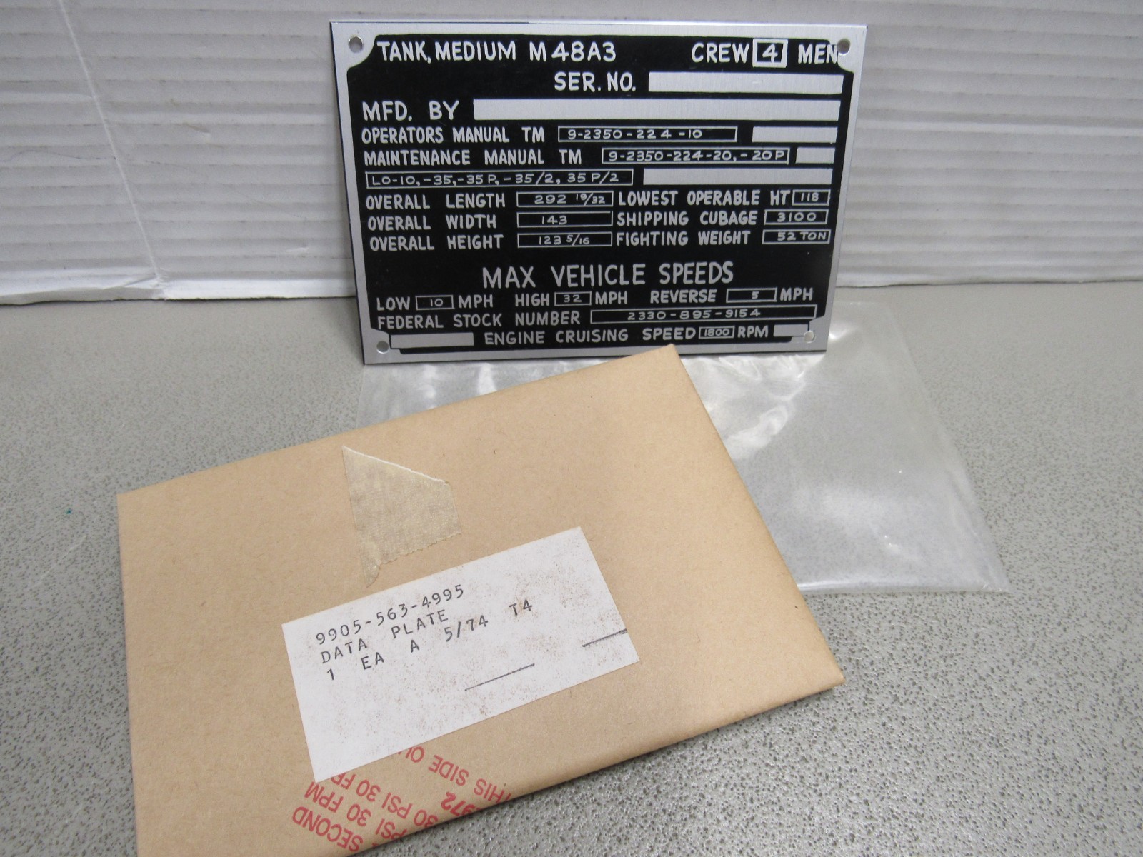 Vietnam Era US M48A3 Patton Tank Military Data Plate in Original Wrap NOS