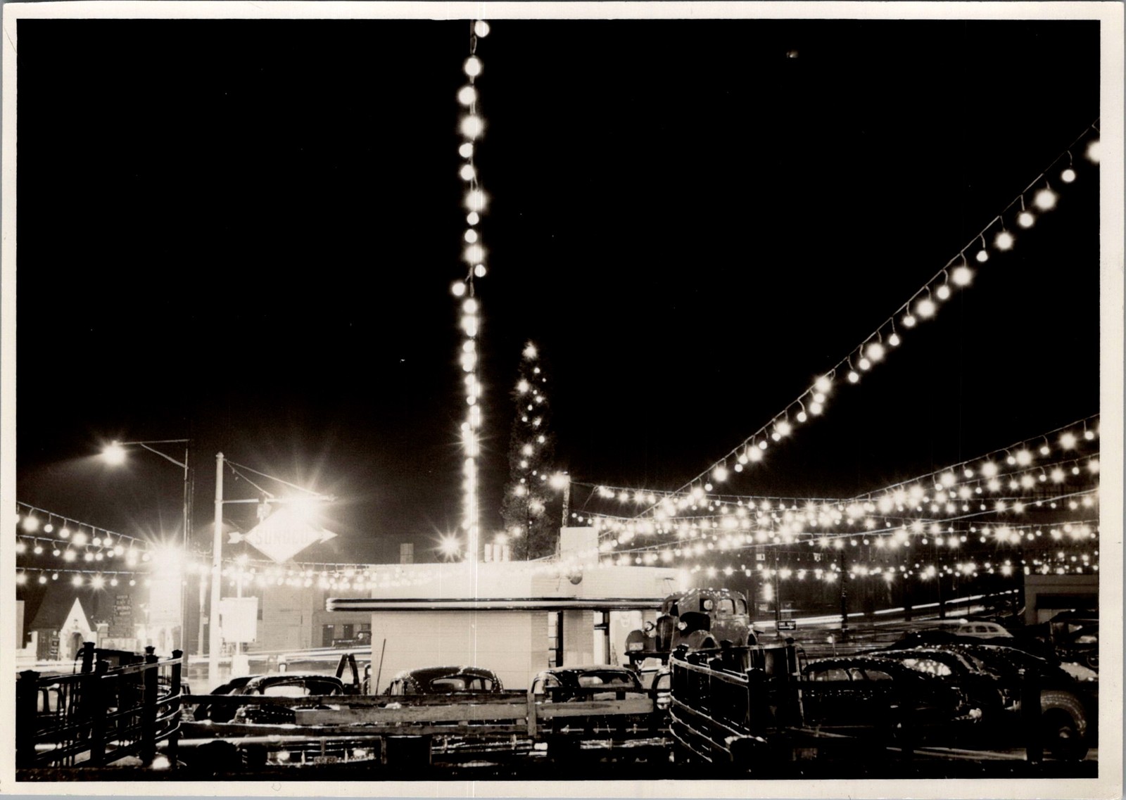c1950s Sunoco Night Photograph Christmas Lights Verso Hot Shoppes c1950s Sunoco Night Photograph Christmas Lights Verso Hot Shoppes