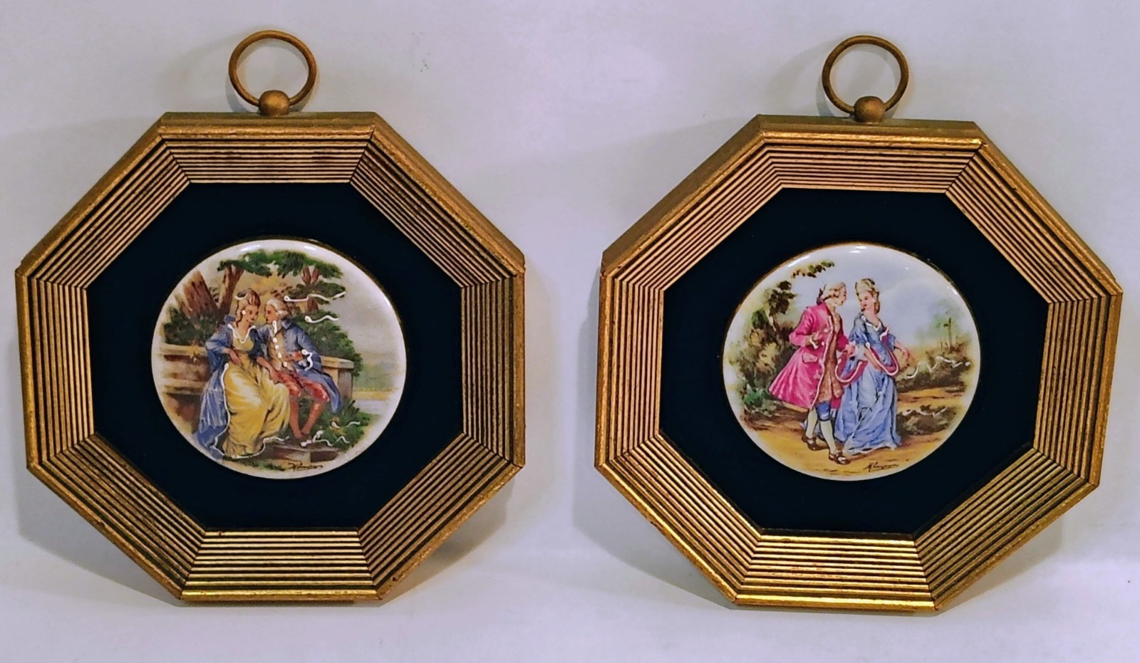 2 Hand Enameled Porcelain On Velvet 24K Octagonal Sungott Studio Wall Decor