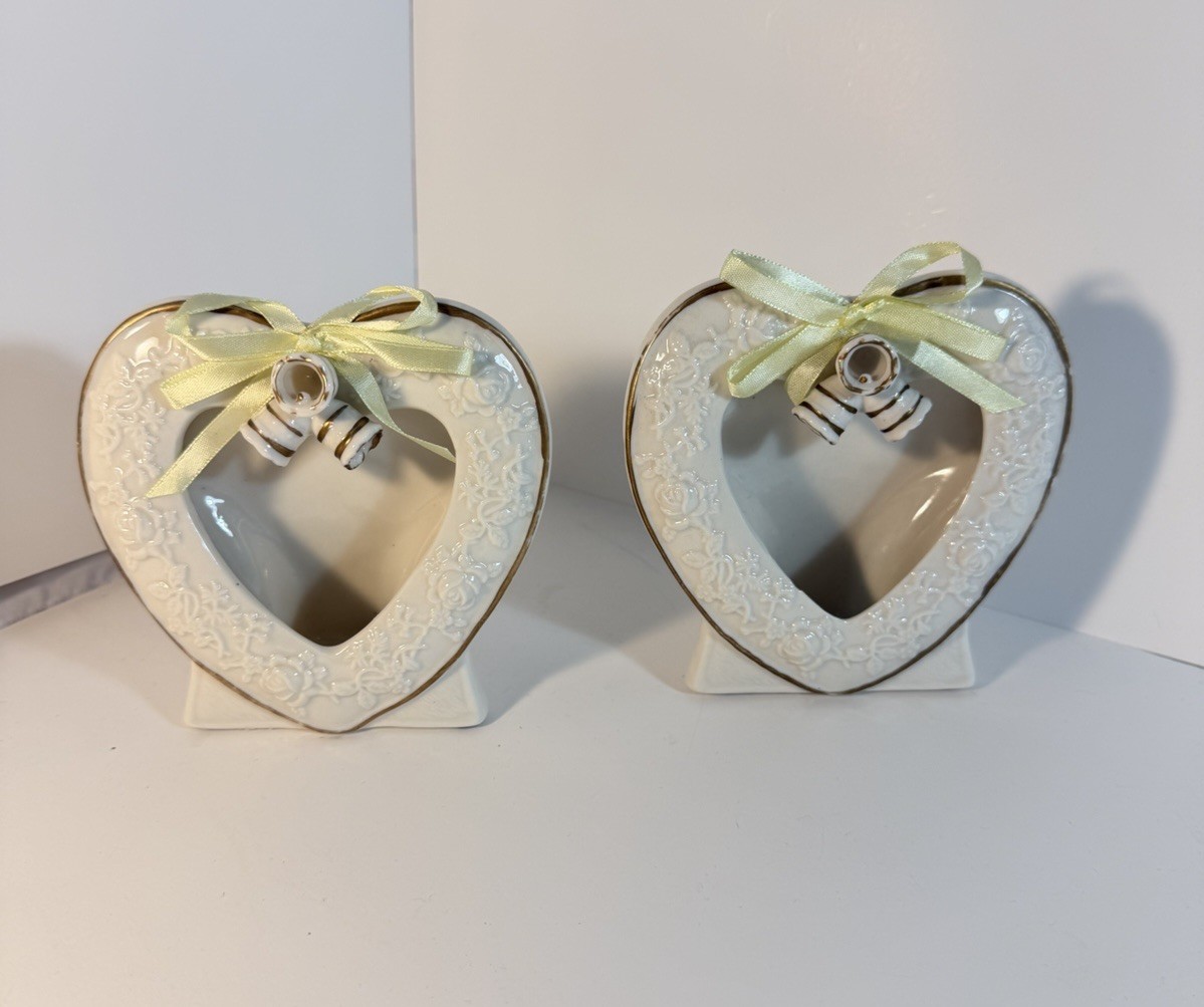 Vintage Porcelain Heart Shaped Picture Frames with Decorative Bells Set Of 2