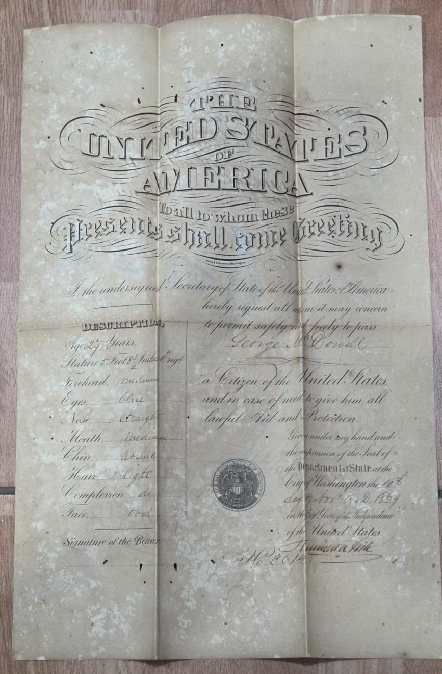 RARE CIVIL WAR ERA UNITED STATES PASSPORT SIGNED AUTOGRAPH ORIG DOCUMENT 1869
