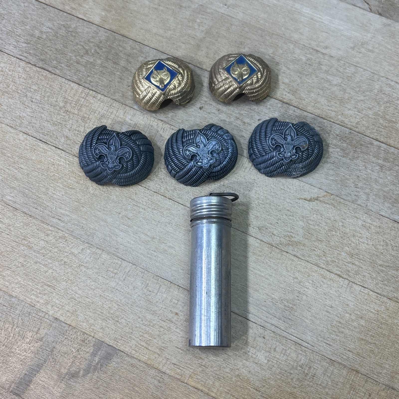 Vintage Boy Scouts BSA Neckerchief Slides Lot of 5 & Metal Match Safe 1930s-60s Vintage Boy Scouts BSA Neckerchief Slides Lot of 5 & Metal Match Safe 1930s-60s
