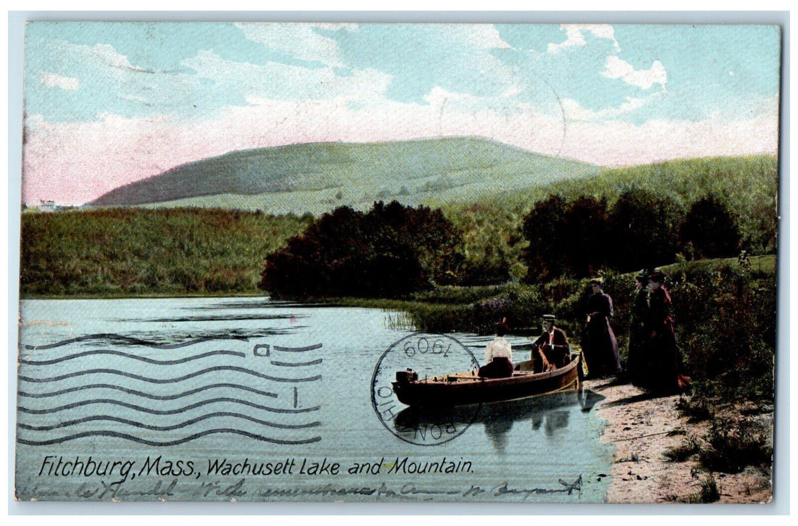 1909 Boat Scene, Wachusett Lake and Mountain Fitchburg Massachusetts MA Postcard