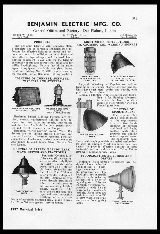 1937 Benjamin Electric Arena Railroad Lighting Des Plaines IL VTG trade print ad