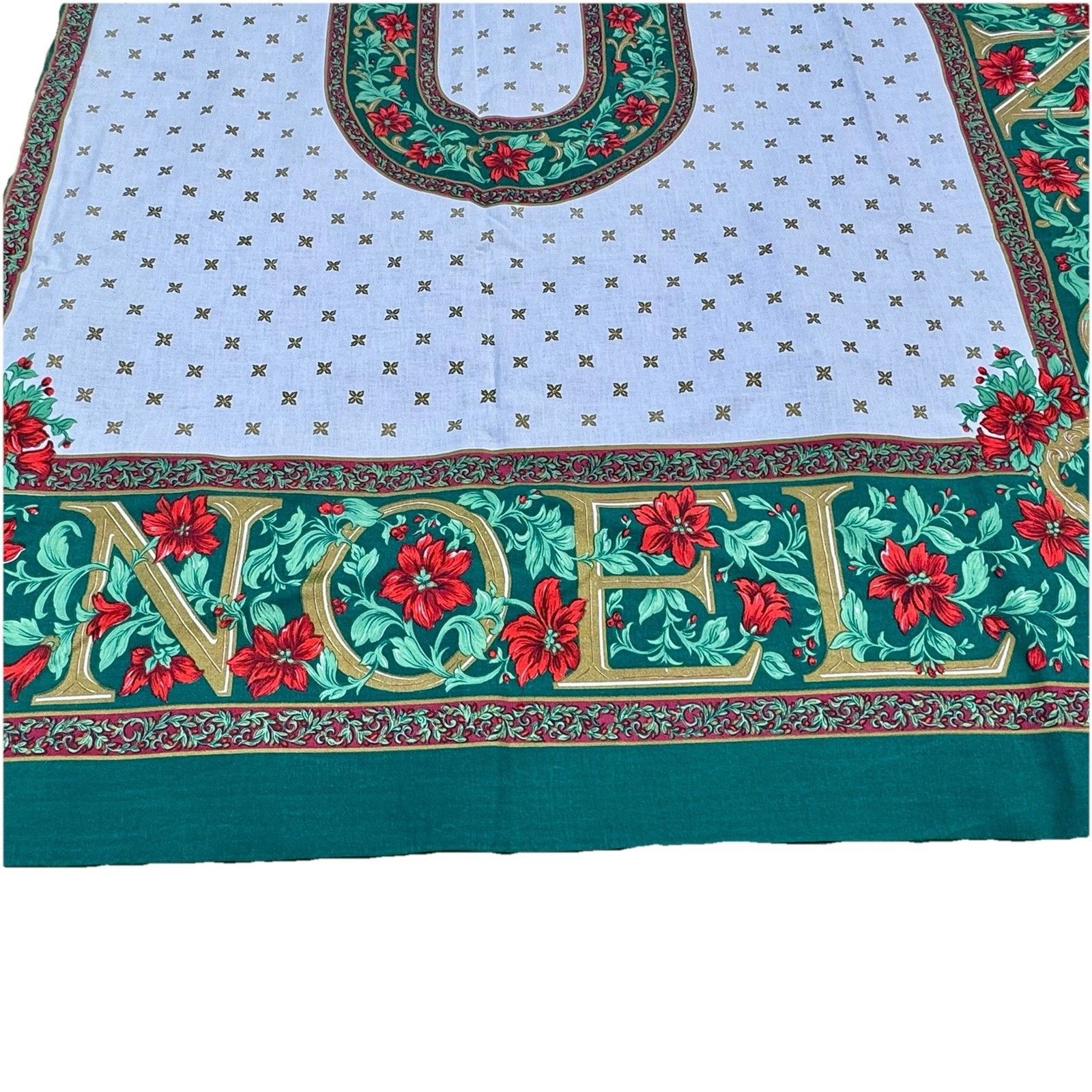Nice VTG 80's NOEL Christmas Tablecloth, W/ Poinsettias, Gold Accents, 52