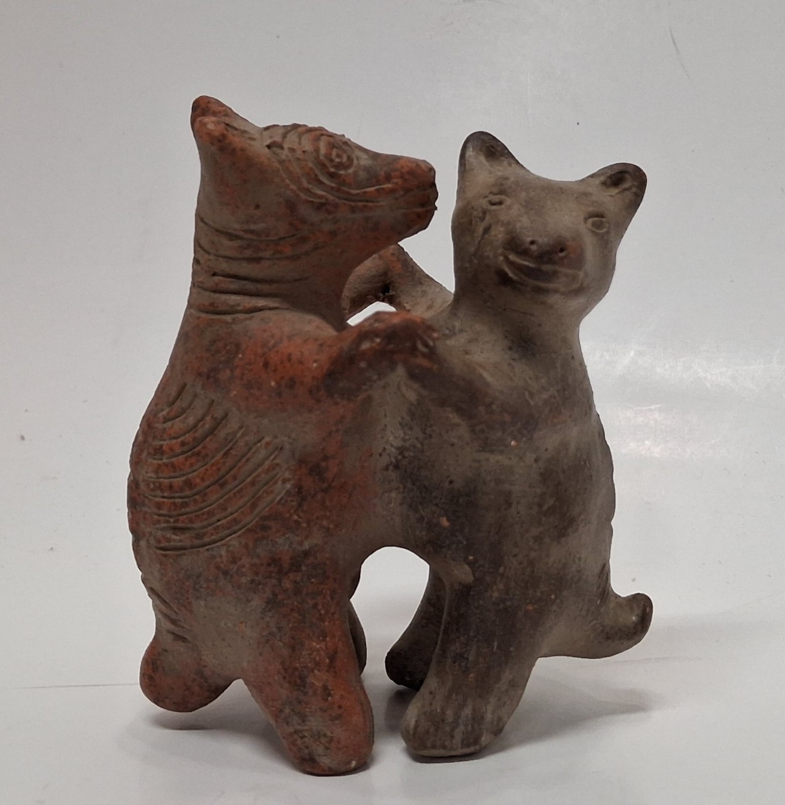 Mexican Folk Art Red Clay Dancing Dogs Of Colima Hand Carved Sculpture Two Toned