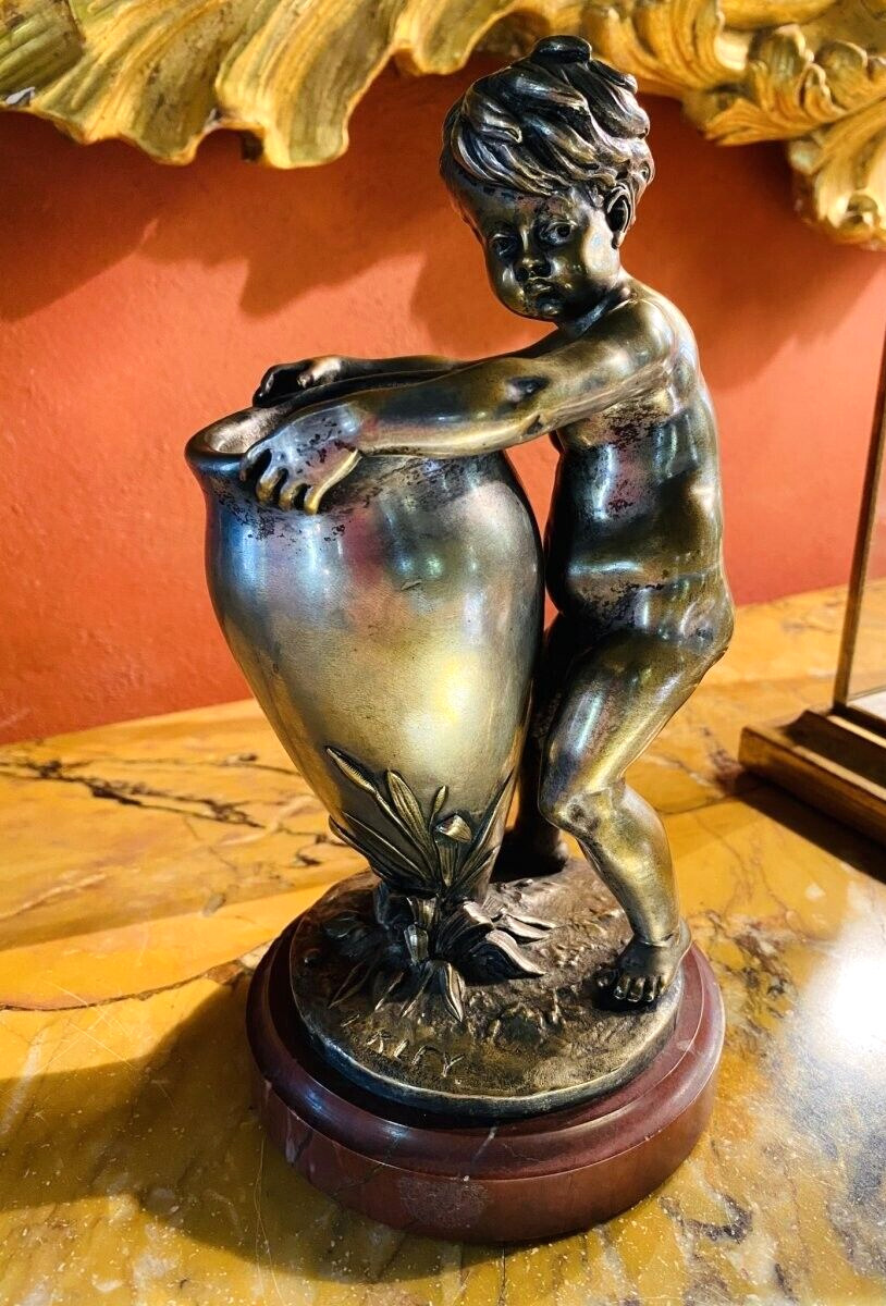Antique Sculpture Vase Silver Bronze Figure Signed Louis Kley Statue Child 20th
