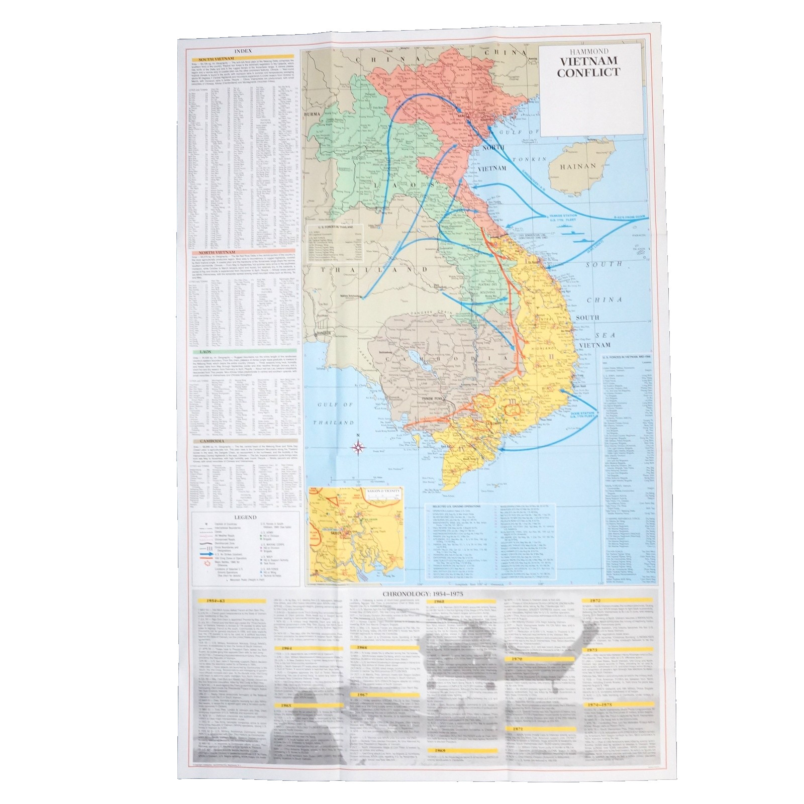 Original 1954-75 Hammond Vietnam War Conflict Wall Map 25 Original 1954-75 Hammond Vietnam War Conflict Wall Map 25
