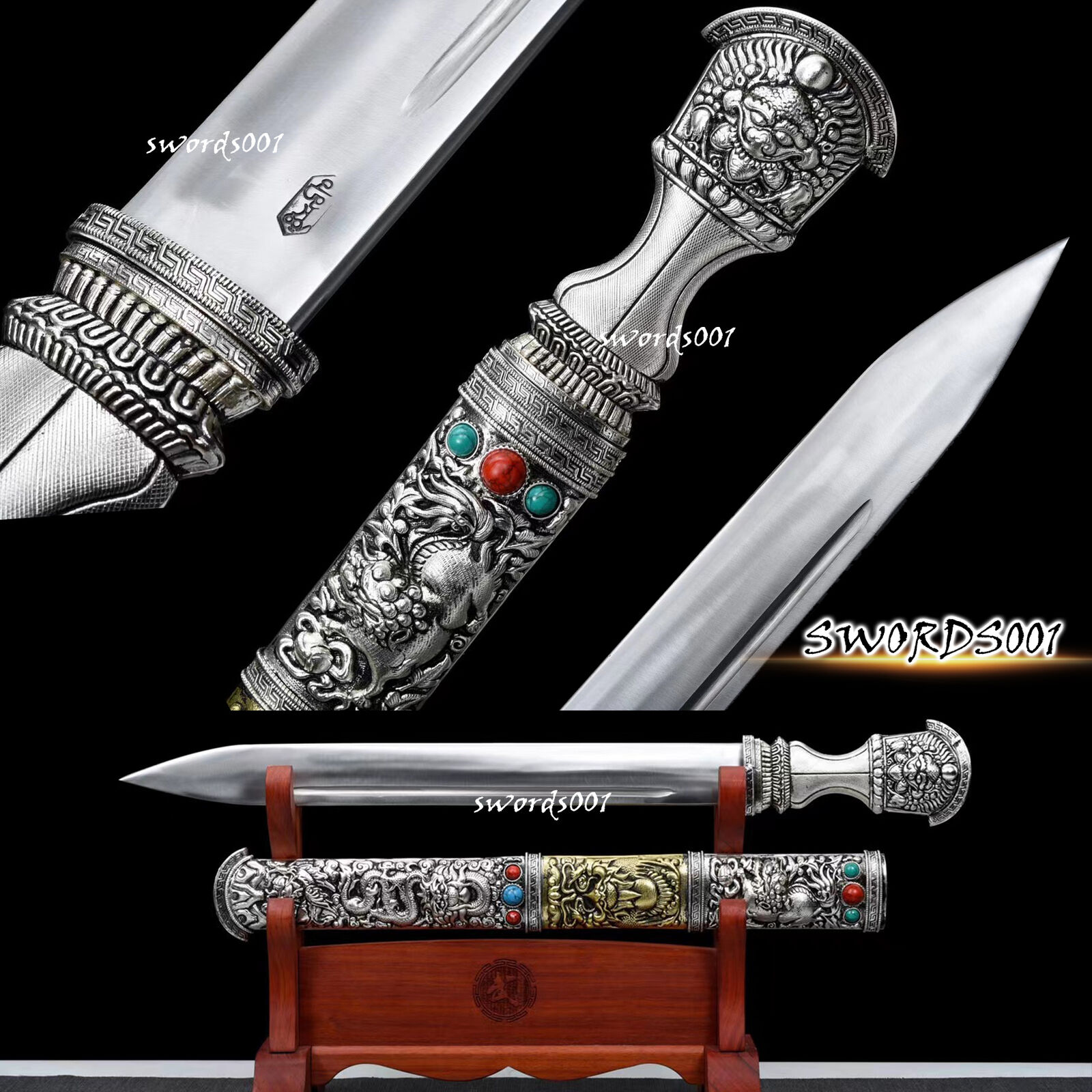 27'' Gold Silver-Plated Exquisite Design Tibetan Knife Sword Carbon Steel Blade