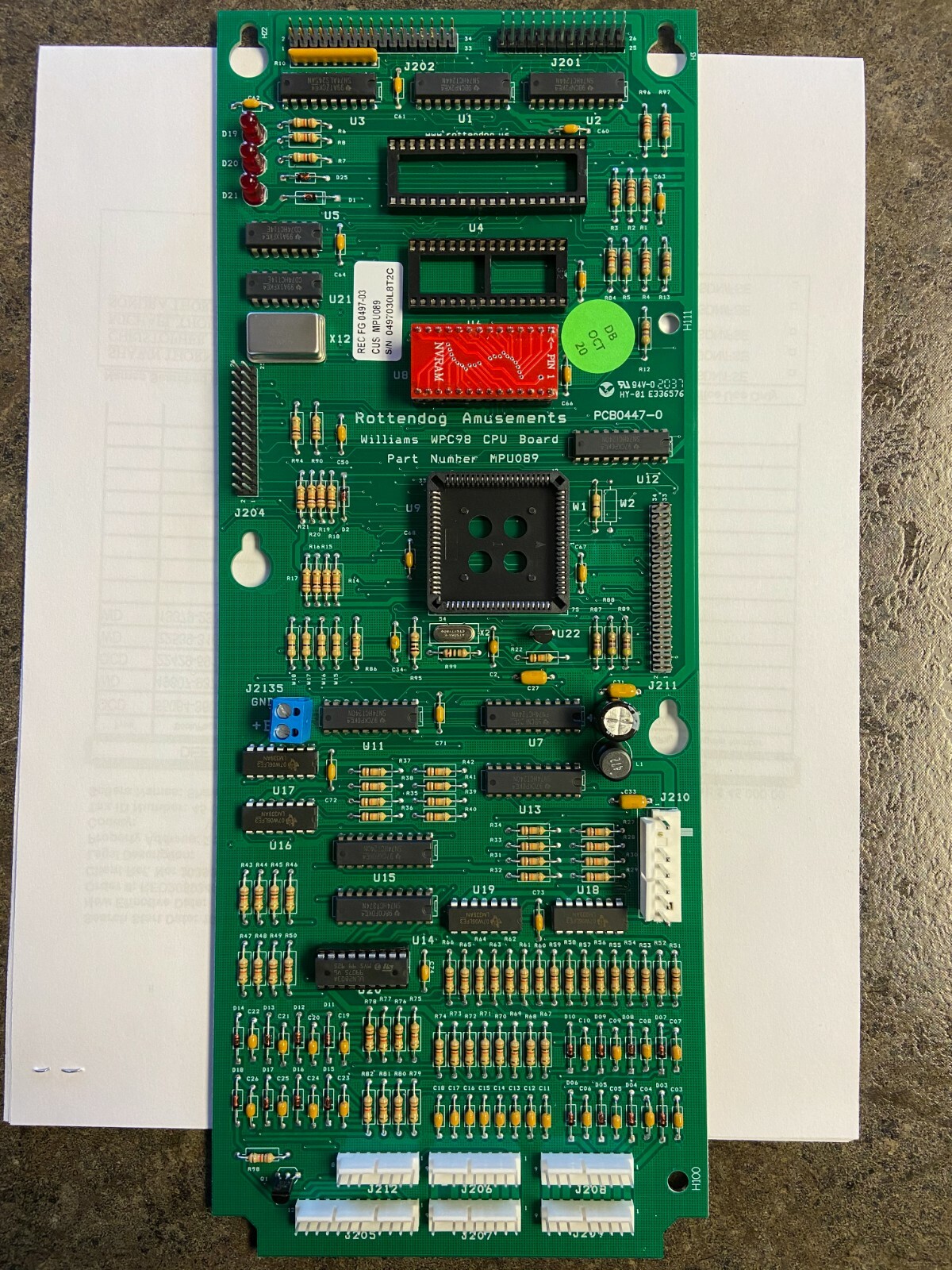 A-12742 Bally/Williams WPC89 MPU Board pinball, MPU089 With NVRAM w/Plcc Tool