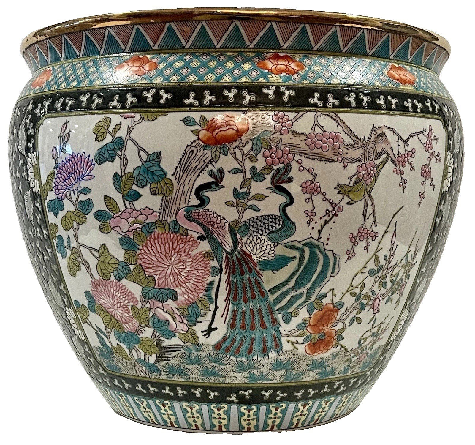 Vtg 17.5” Chinese Famille Rose Verte Porcelain Koi Fish Bowl Jardiniere Planter