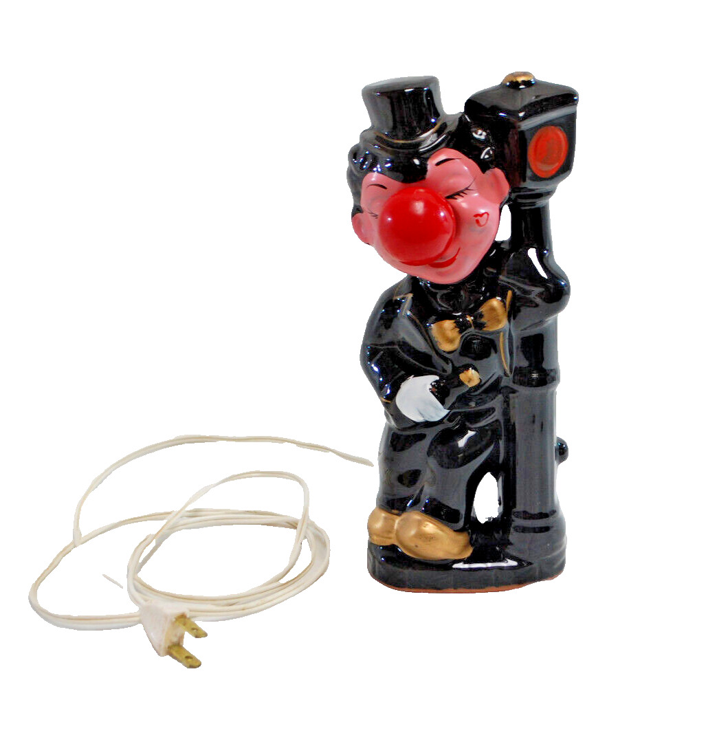 Ceramic Drunk Hobo Clown On Light Post with Light Up Red Nose Lamp 1950\'s  T1655