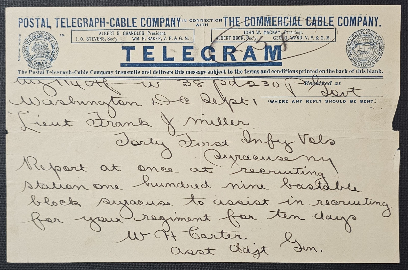 Telegram For Recruitment Muster 41st Infantry Volunteers New York Circa 1898 SAW