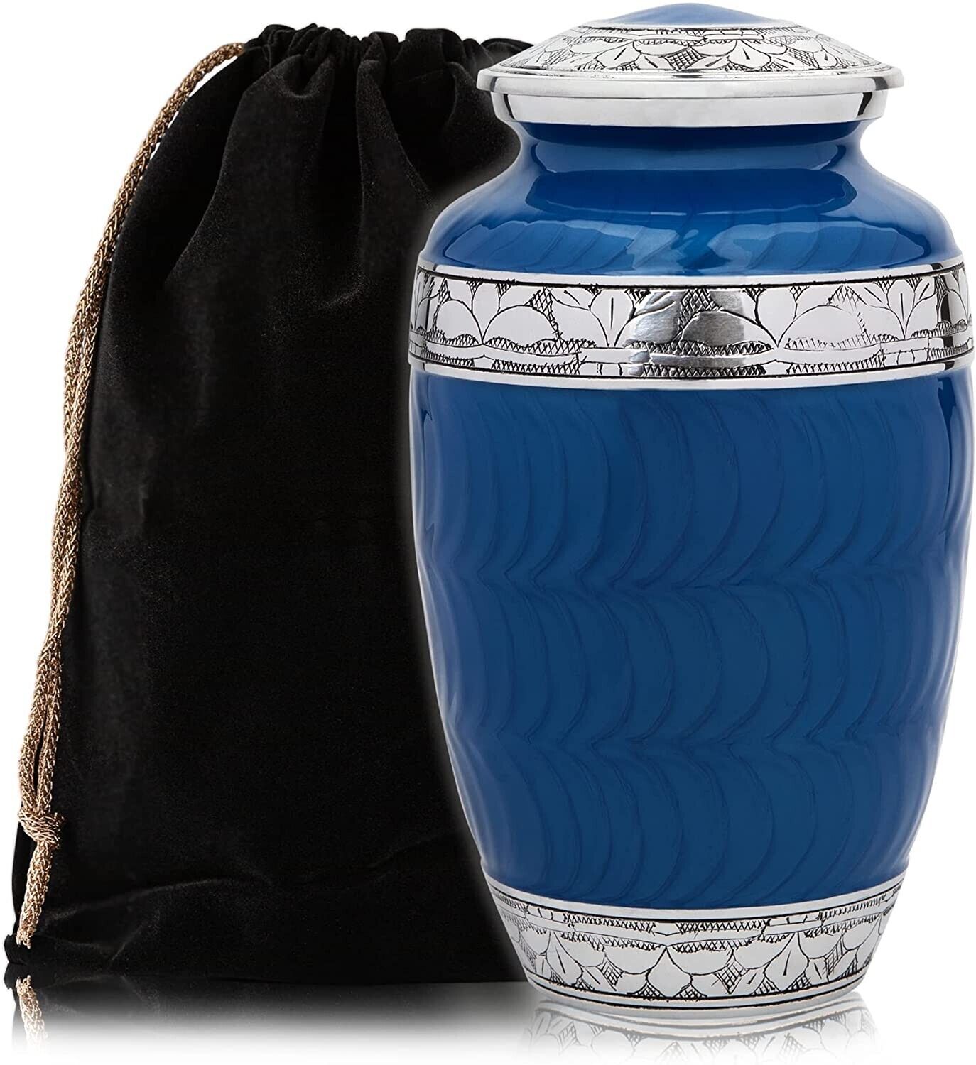 Classic Blue Cremation Urn for Adult Human Ashes with Velvet Bag