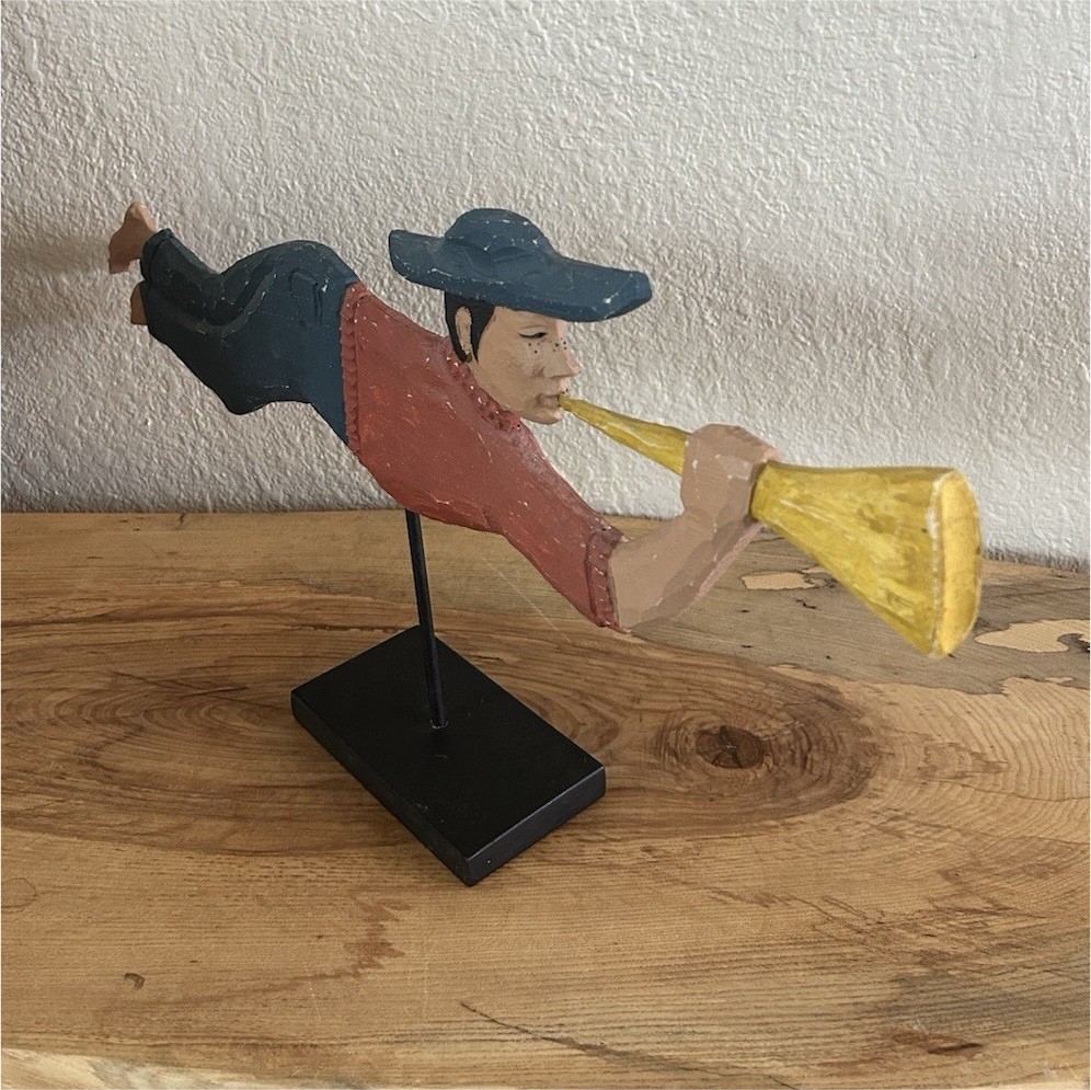 Vintage Hand Carved Wood Folk Art Flying Bugler Trumpeter Boy Sculpture 24”