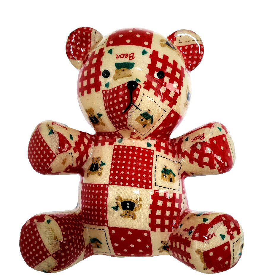 Rare Vintage Red Patchwork Glazed Fabric Ceramic Teddy Bear 7 inch Coin Bank