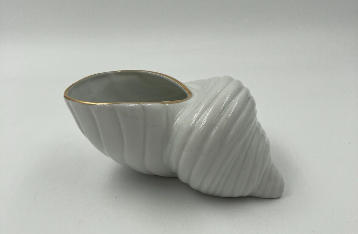 Pacific Rim Shell Vase Shiny White w/ Gold Rim 6\