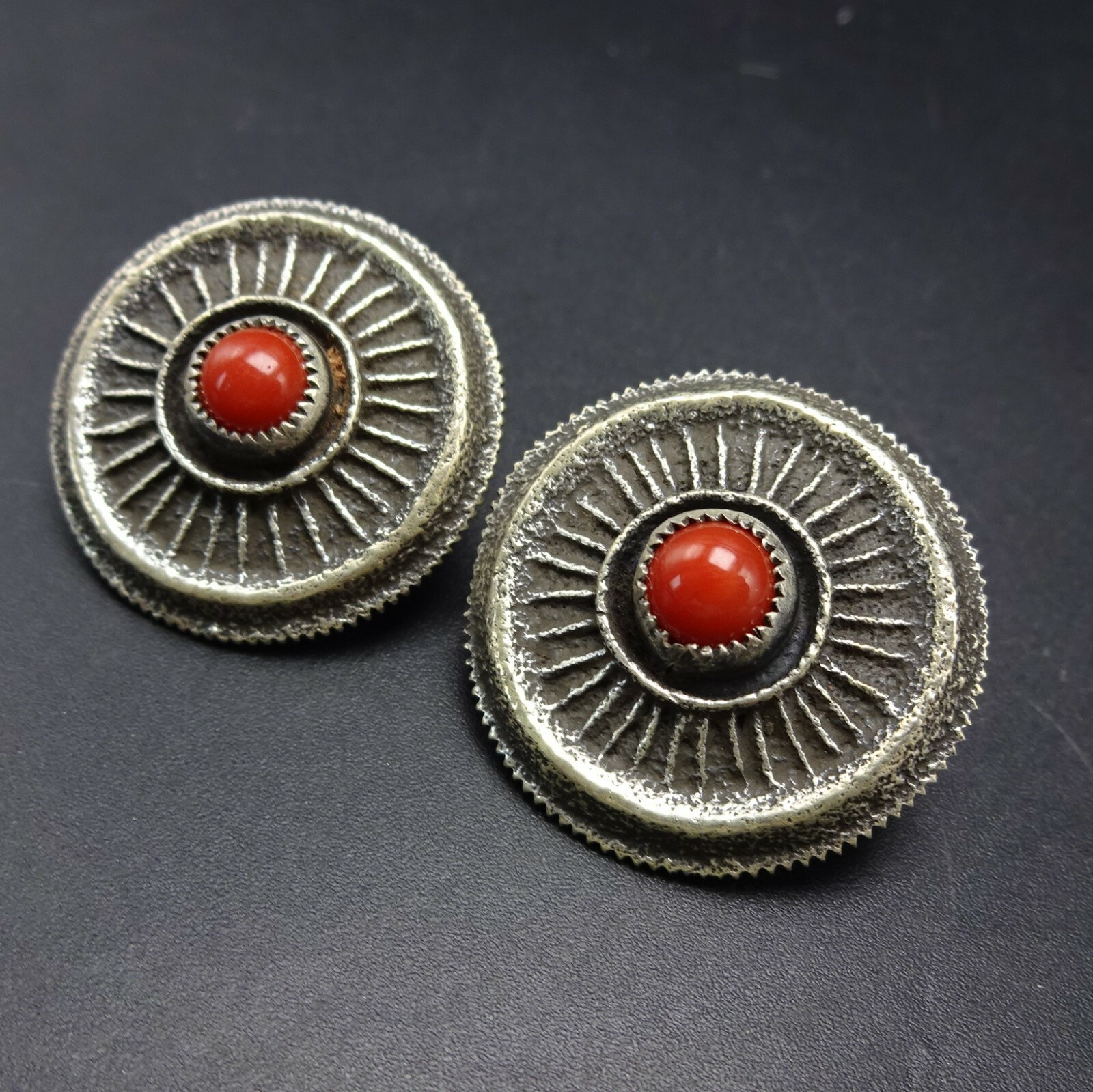 Harrison Jim NAVAJO Tufa Cast Sterling Silver RED MEDITERRANEAN CORAL EARRINGS