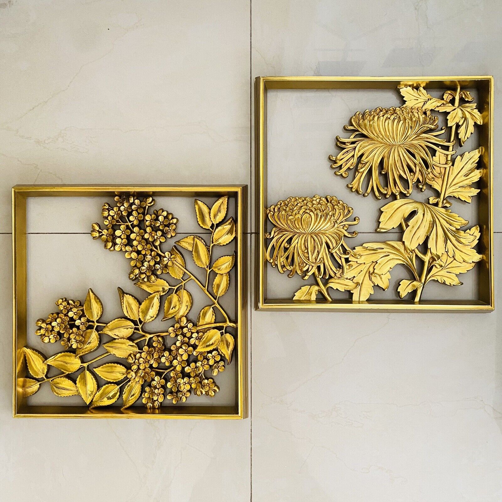 SYROCO MCM 1950’s Gold Floral Wall Plaque Hanging MCM Chrysanthemum Set 2 RARE