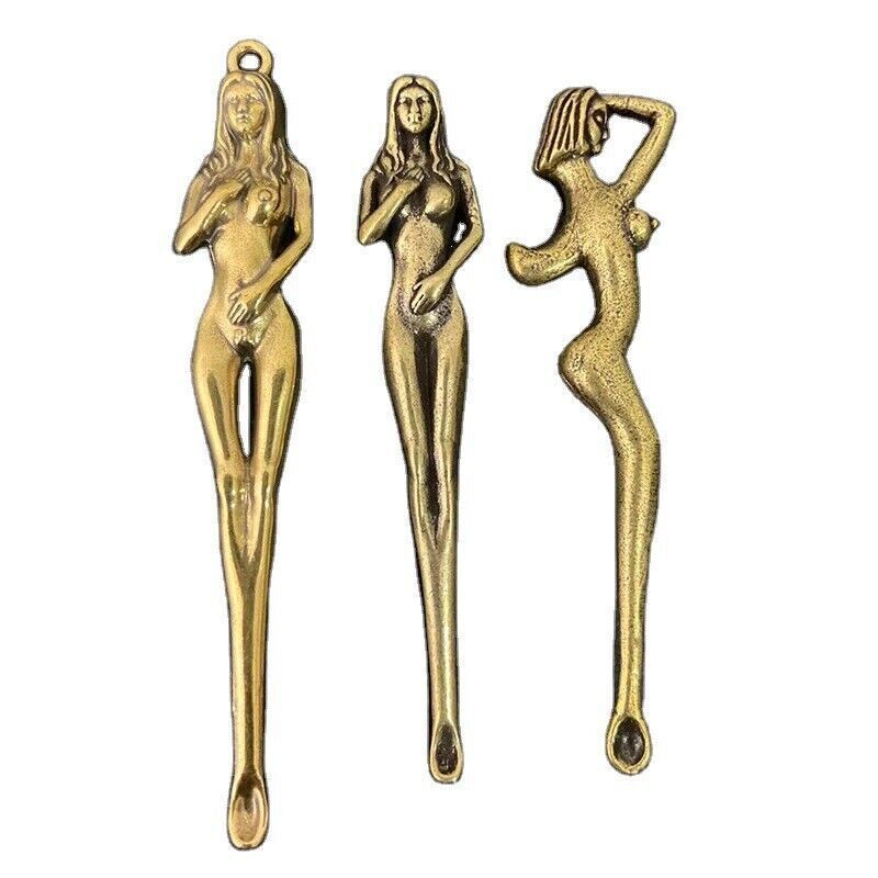 3PC Exquisite Old China Collection Brass Carving Beautiful Naked Woman Ear Spoon