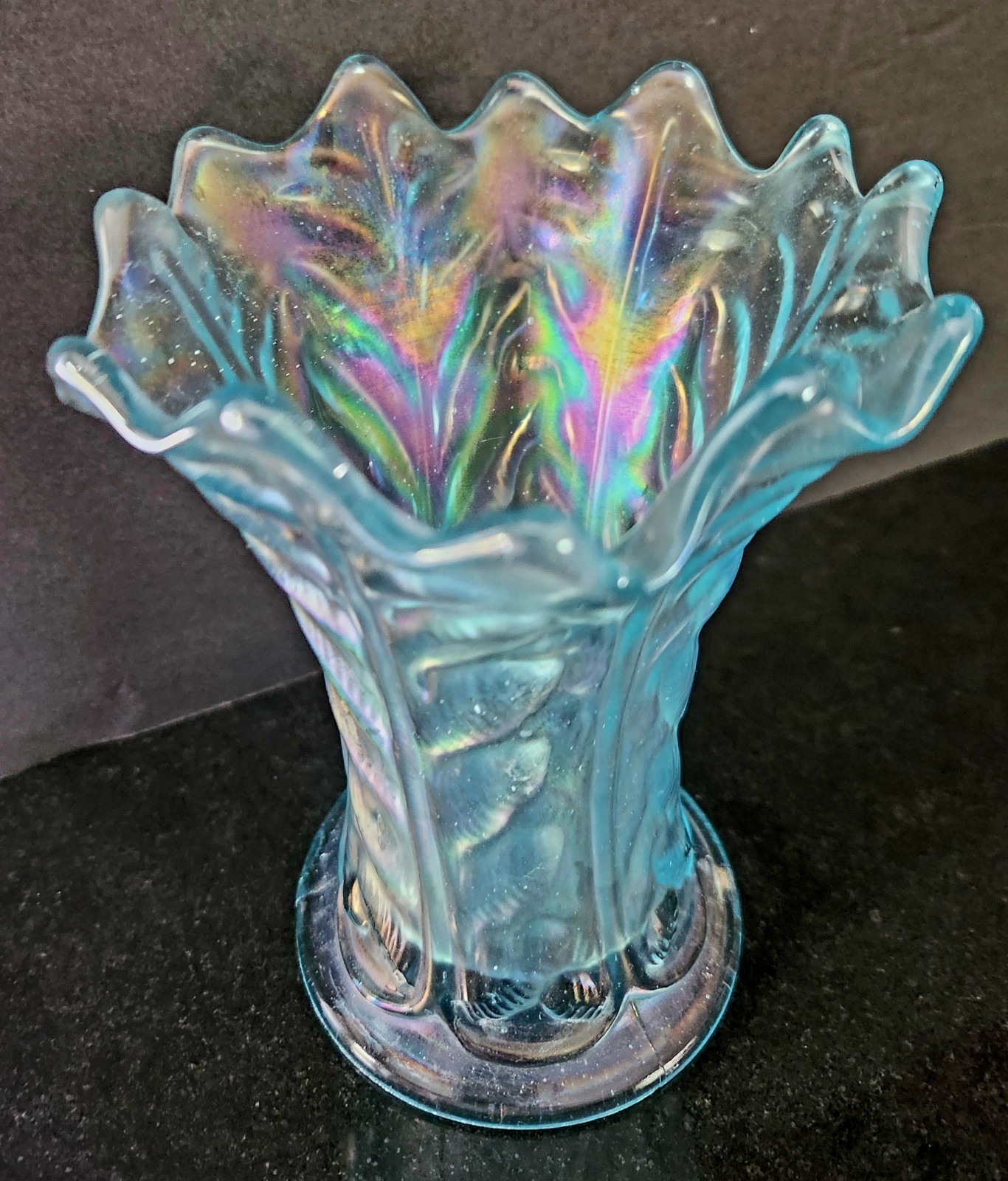 Vintage Northwood Ice Blue Leaf Columns Carnival Glass Squat Vase 6.5\