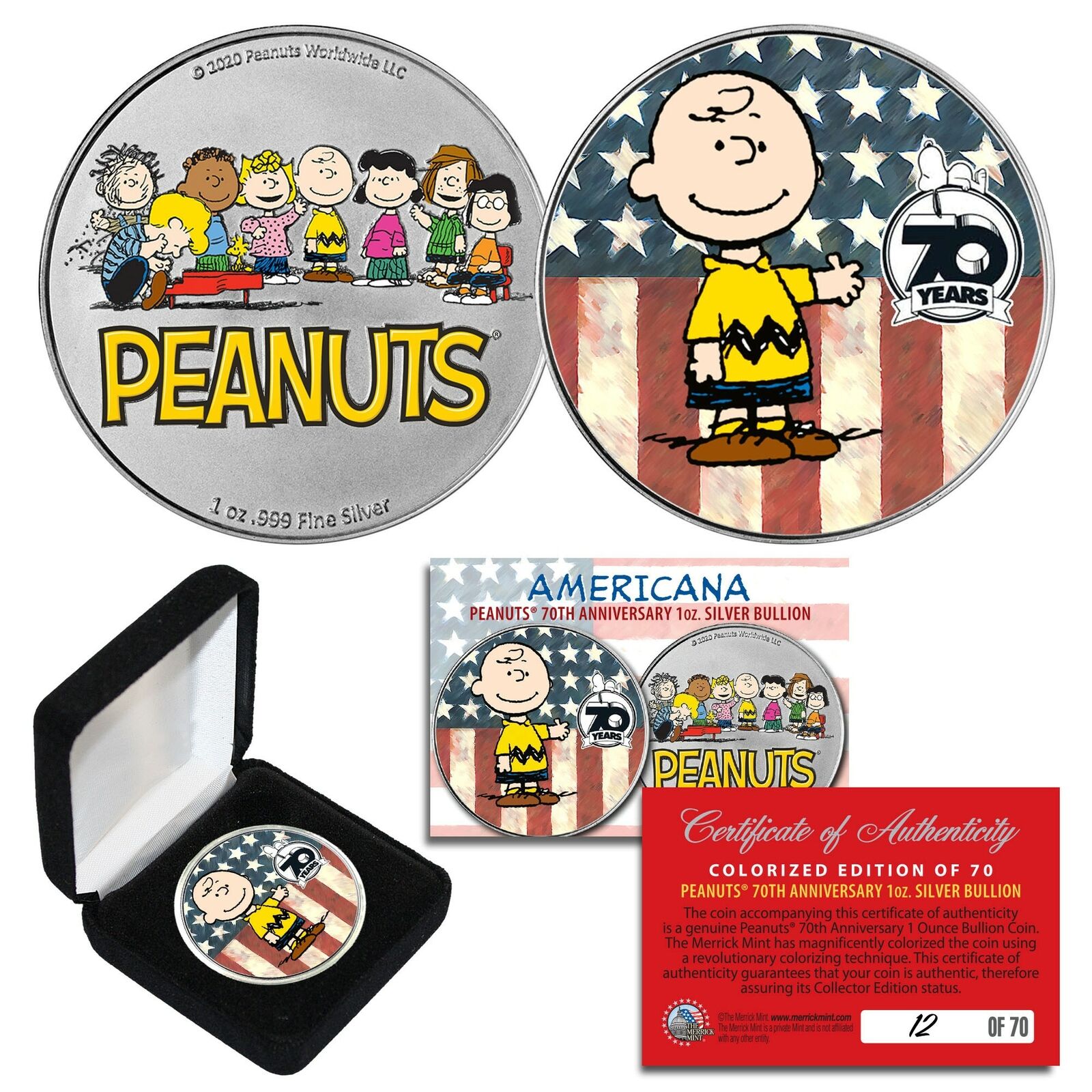 2020 Peanuts Charlie Brown 70th Anniv 1OZ 999 SILVER Coin LTD # of 70 AMERICANA