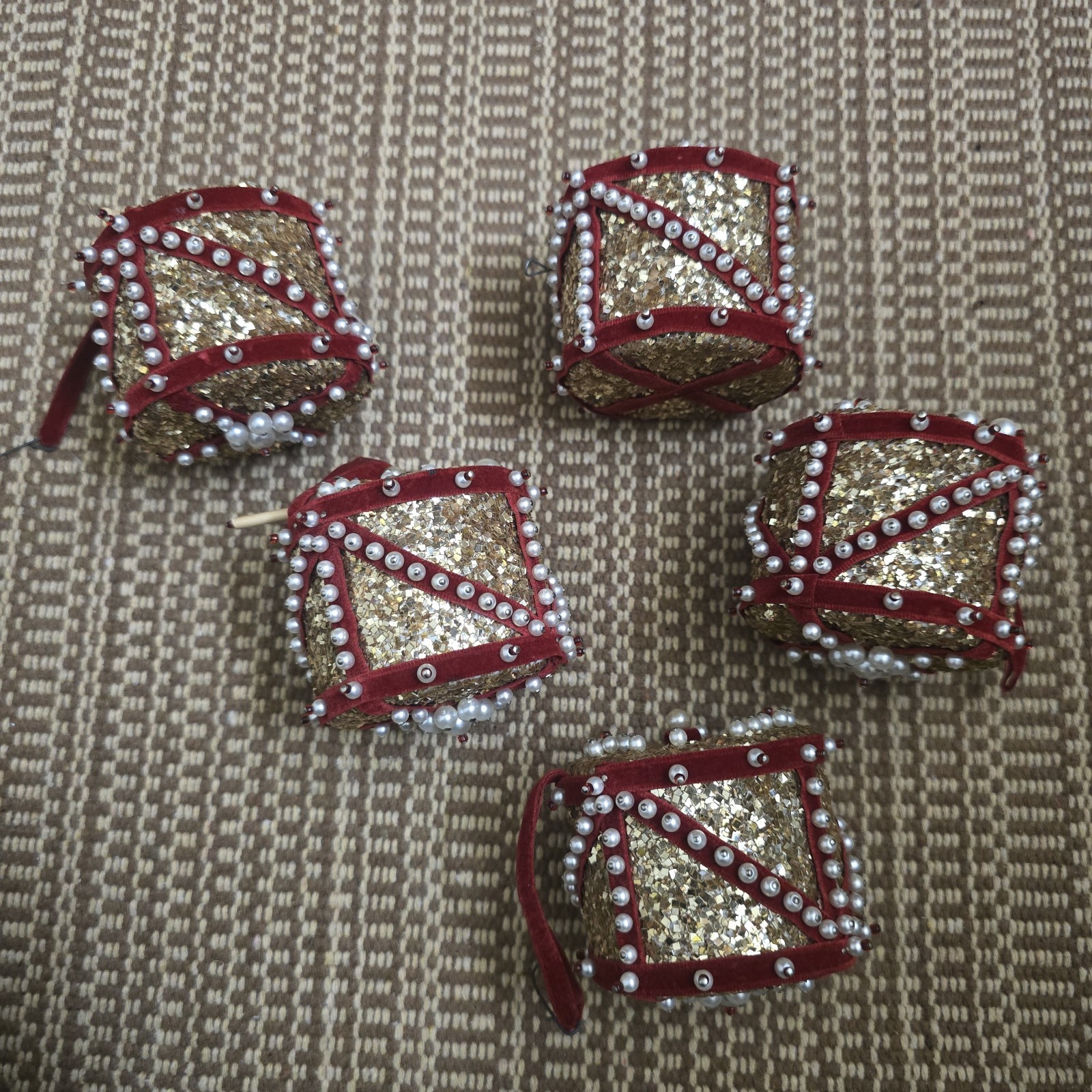 Vintage Handmade Satin Push Pin Beaded Jeweled Christmas Ornaments Lot Of 5 Drum