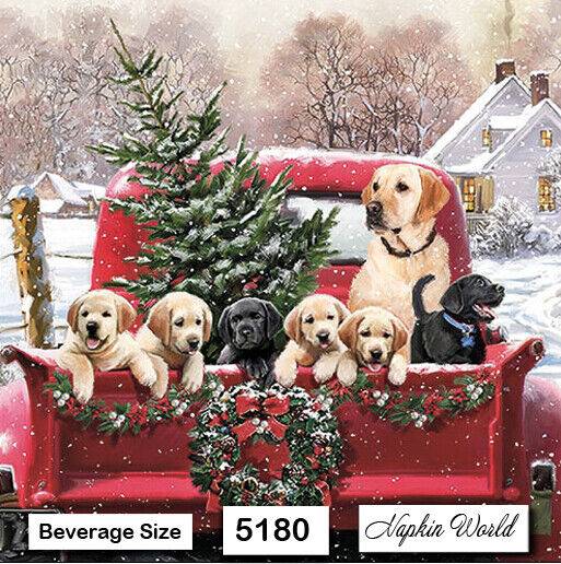 (5180) TWO Individual Paper BEVERAGE / COCKTAIL Decoupage Napkins DOGS RED TRUCK